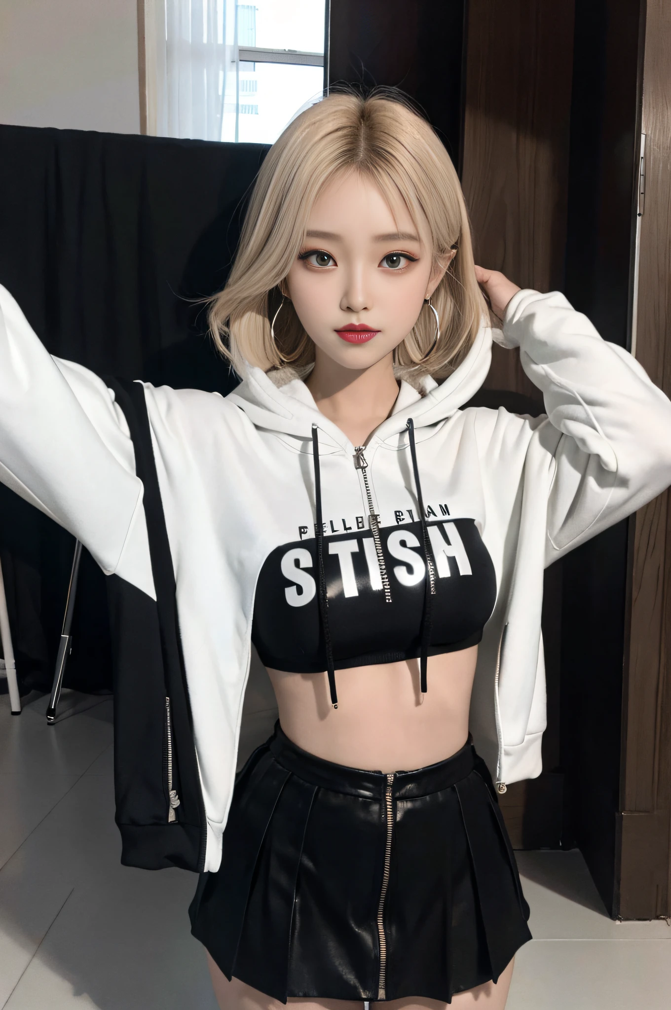 8K RAW photos, 17-year-old cool Korean, big round breasts, cleavage, cropped length zip hoodie with open front, cropped length top, skirt, beautiful eyes in detail, eyelashes, beautiful double eyelids, eyeshadow, slit eyes, sanpaku eyes, perfect eye makeup, seductive smile, beautiful thin legs, bright blonde hair, bob cut, earrings,