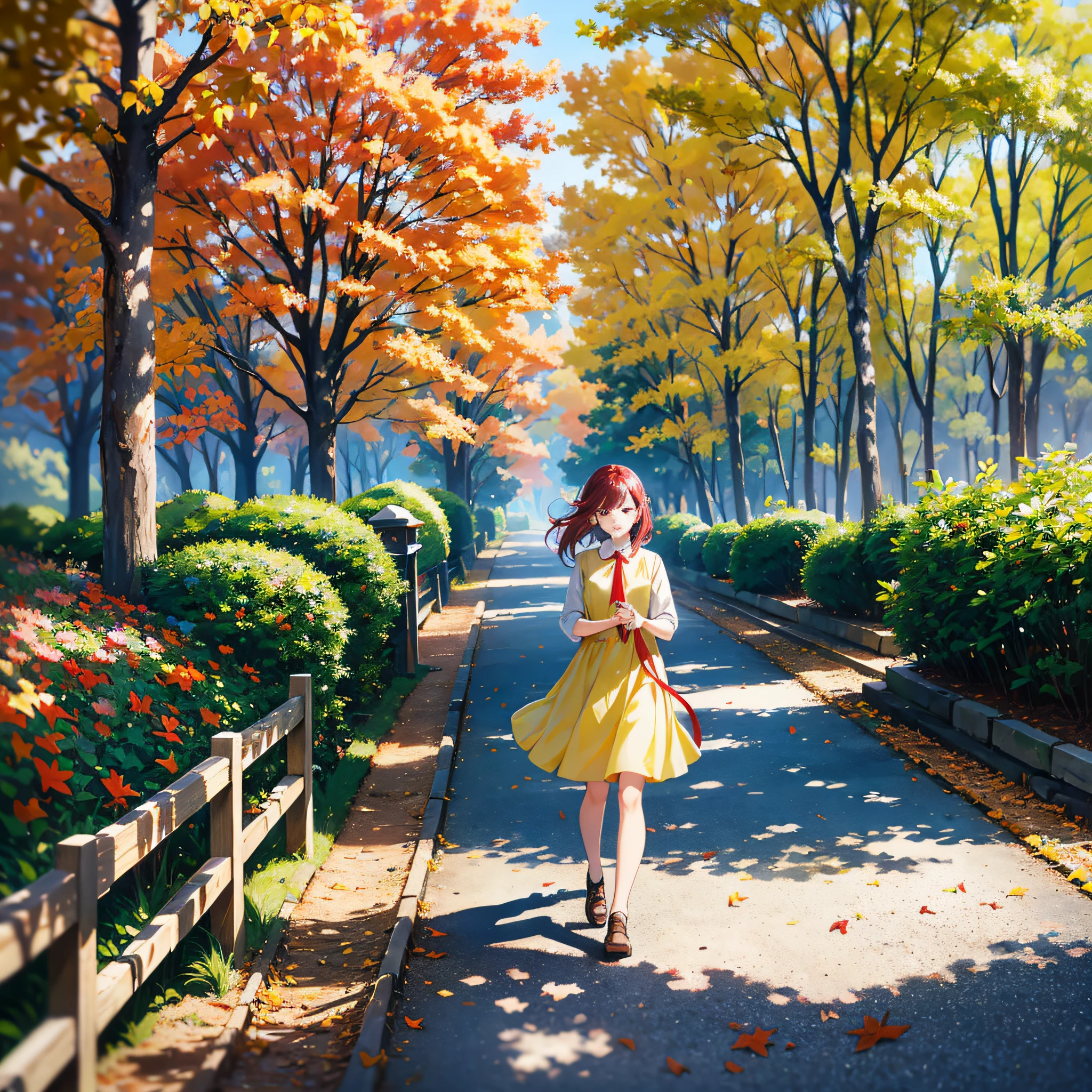 red-yellow Maple trees garden,the wind blows with Maple tree petals, girl wearing white-kimino walking on the walk way, beautiful landscape, nature, perfect composition, gloss, hyperrealism, beautiful photography,realistic, detailed, pastel,ultra HD,4K,Yellow soft color tone ,fantasy dream,fantastic,season change --auto --s2