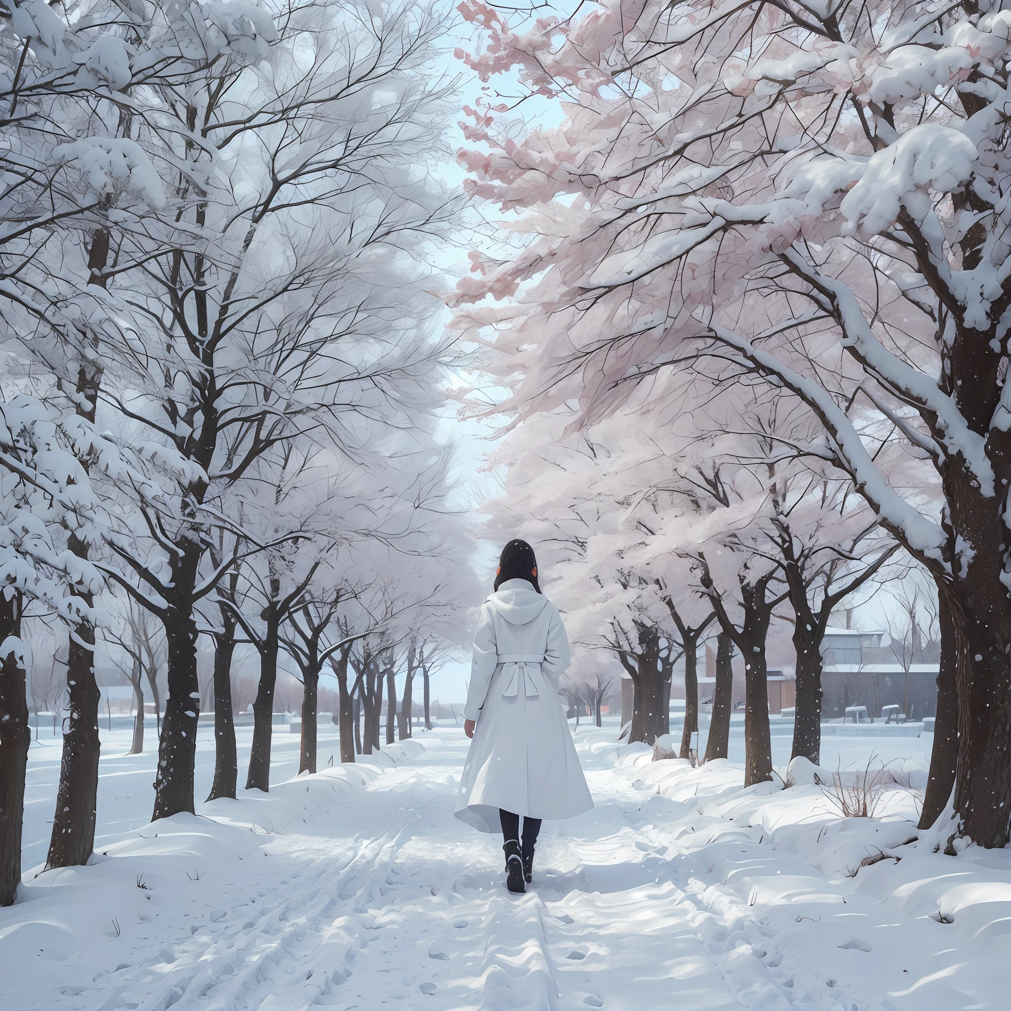 Maple trees garden,the wind blows with snowing, girl wearing white-kimino walking on the walk way, beautiful landscape, nature, perfect composition, gloss, hyperrealism, beautiful photography,realistic, detailed, pastel,ultra HD,4K,white soft color tone ,fantasy dream,fantastic,snow --auto --s2