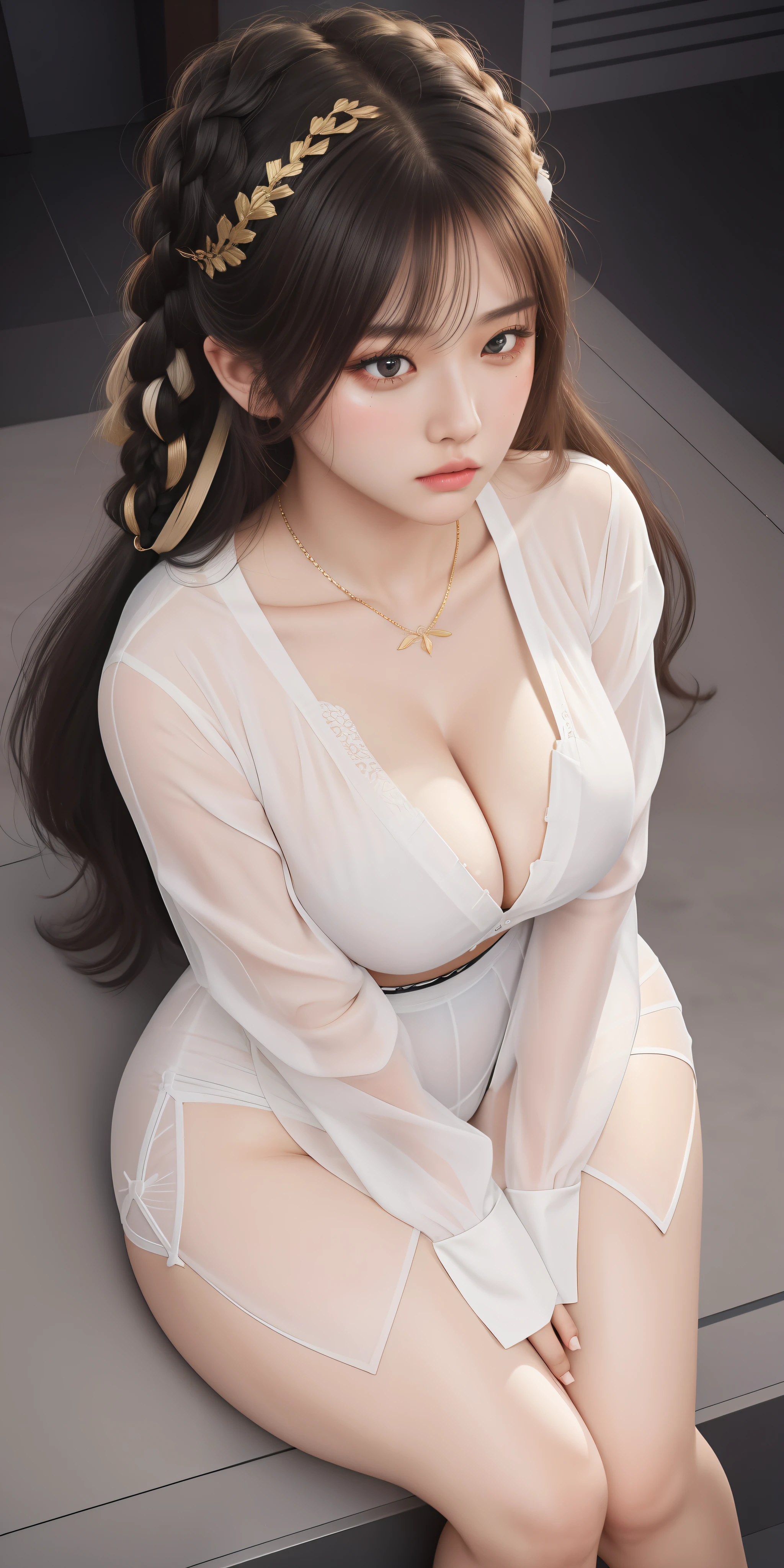 An Idol k-pop girl, cute girl, ???? girl, white braid hair, intricate face details, detailed face, golden ratio face, big ??????, big ????, big hip, big thighs, full body, 64K, UHD, HDR, high quality, high detailed, hyper detailed, extremely detailed, photo realistic, ultra realistic, art photo, clarify the details, detailed parts body, intricate artwork masterpiece, trending on artstation, angry face, wearing thigh length shirt, see through clothes, sweaty skin, see through in the ?????