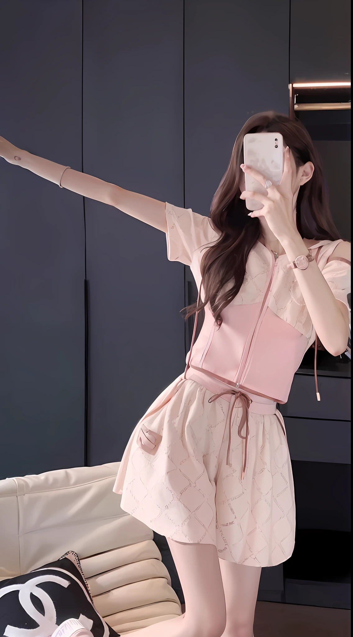 There is a woman taking a picture of herself in the mirror, femme fatale, dress, (pink), pink dress, ((pink)), beauty, , 2 0 2 0 fashion, LV, 8K)), 19xx, lady, pleasant, girl, high quality material BSSRDF, female girl dress, fashion camera focuses very large aperture, (f/1.2)), shallow depth of field, strong blur in background lens, ISO 3000, auto white balance, extremely detailed, 🎀 🍓 🧟 🧚 professional lighting, soft light, original photos, uniqlo fashion models, best quality, masterpiece, award-winning photography, huge file size, 8k, high resolution,