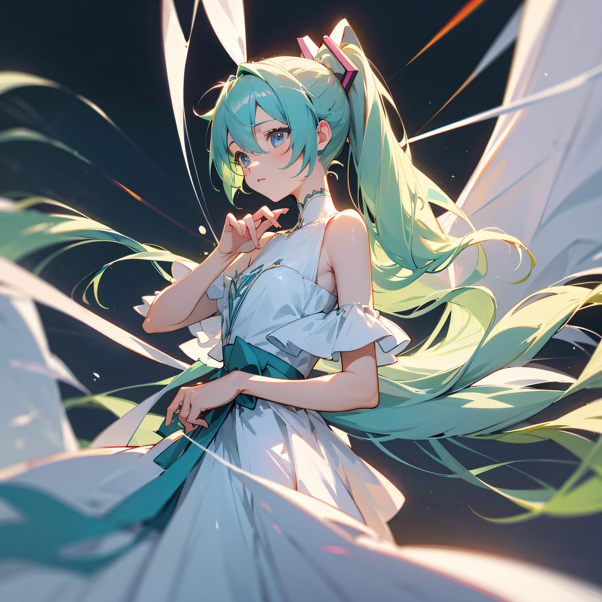 Hatsune Miku, Super Clear Picture Quality, Double Ponytail, Stage, White Evening Dress Masterpiece, Top Quality Detail Fingers, Right Hand Clutching Skirt, Delicate Detail Hand!!! There are only 5 fingers in one hand!!!
