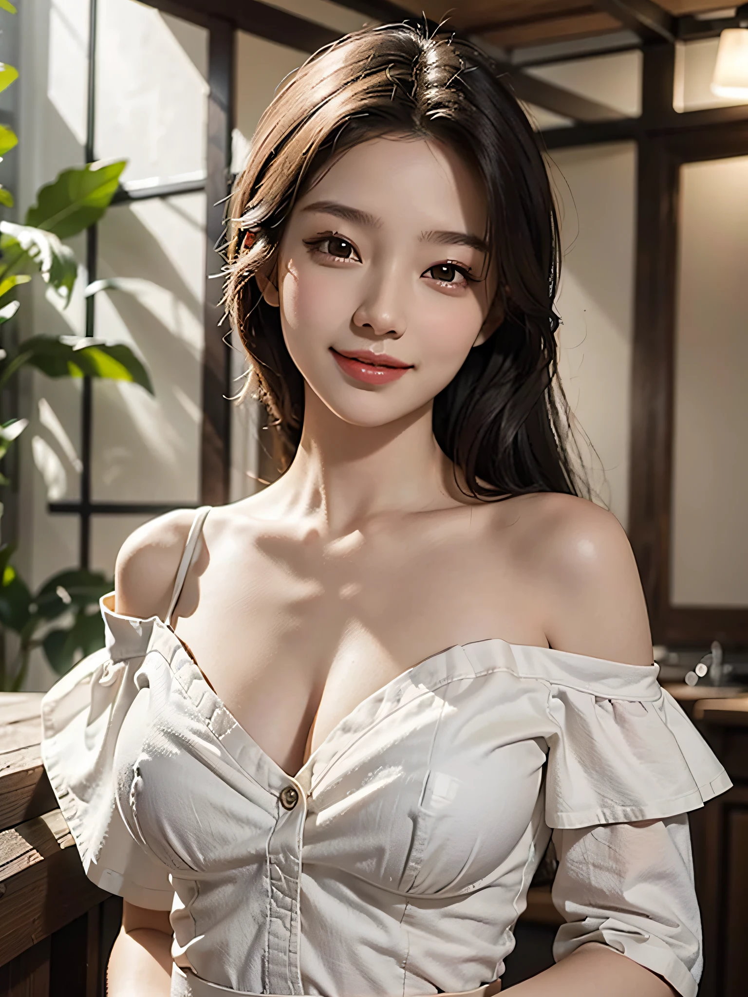 1 girl, off-the-shoulder, light smile, shiny skin
Best quality, masterpiece, (photorealistic: 1.4), big breasts