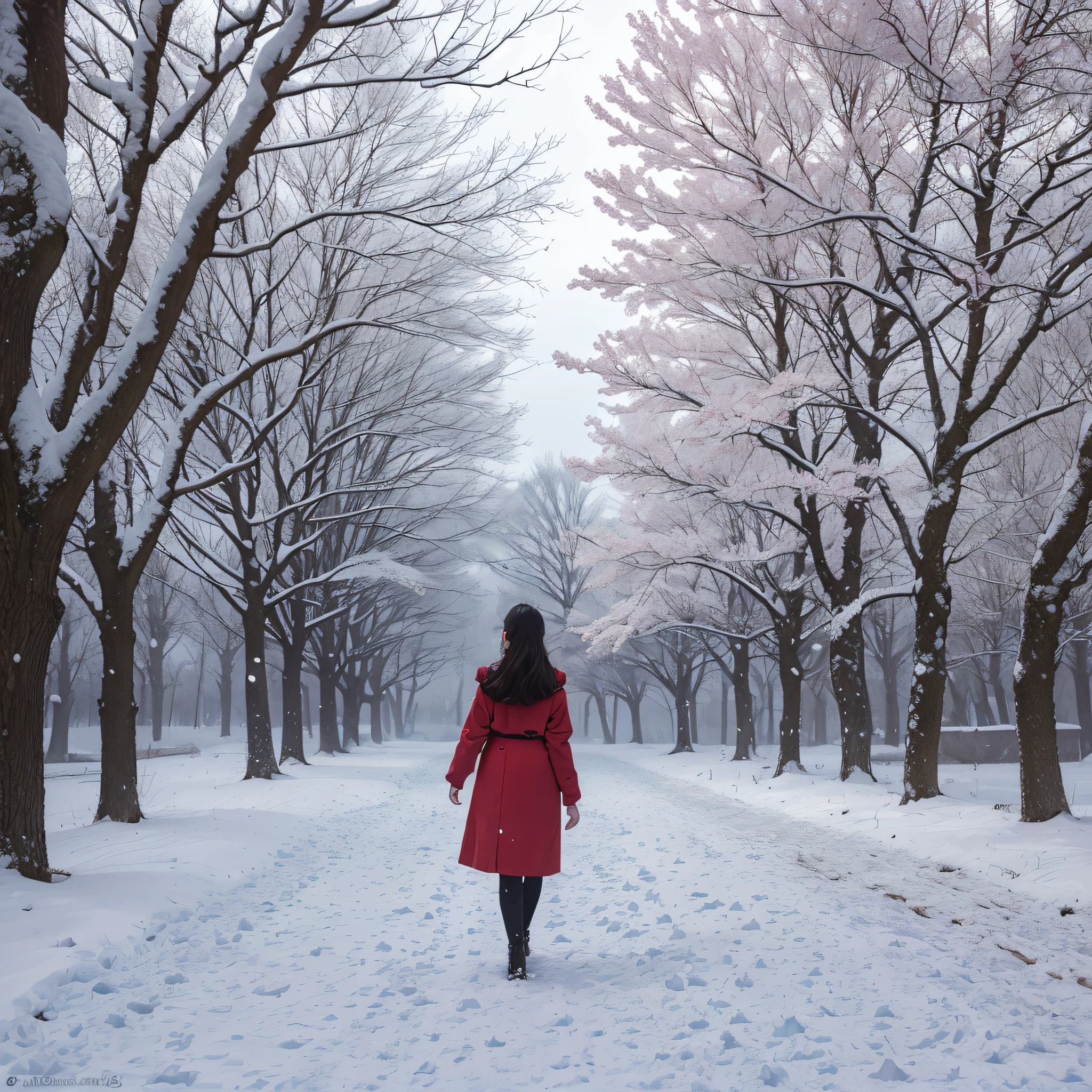 Maple trees garden,the wind blows with snowing, girl wearing red walking on the walk way, beautiful landscape, nature, perfect composition, gloss, hyperrealism, beautiful photography,realistic, detailed, pastel,ultra HD,4K,white soft color tone ,fantasy dream,fantastic,snow --auto --s2