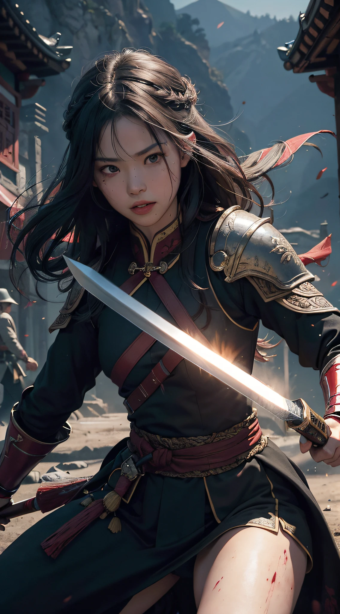 (Positive Focus), (In the Dark: 1), (Best Quality), (Realisticity: 1), Realistic Skin Texture, Highly Detailed, 8k Wallpaper, Volume Lighting, Dynamic Lighting, A Girl, Black Robe, Red Belt, Small Amount of Armor, Shoulder Armor, Waist Guard, Hand Guard, Veil, Long Sword in Hand, Ancient Chinese Style, Short Sword at Waist Side, Half-Squat Attack Stance, Blood Stains, Clothes Damaged, Ancient Chinese Battlefield, Ancient Soldiers Chasing and Killing, Arrows Flying, Fighting Fire, Night, Dramatic Composition,