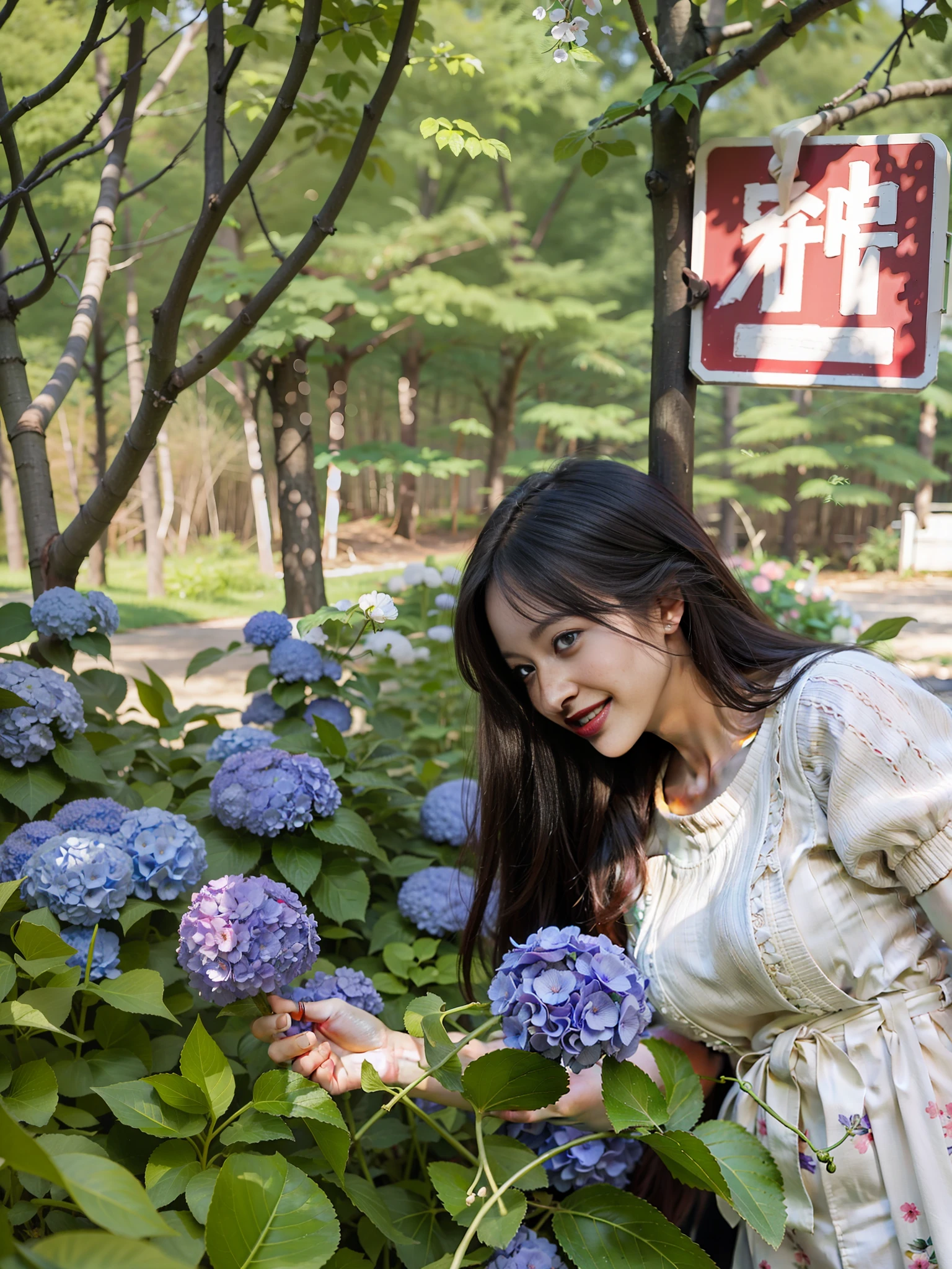 There is a woman standing in the garden looking at flowers, Korean girl, slightly chubby, picking up a flower, looking at the flower in her eyes, side face, smiling, girl in flowers, hydrangeas, picking flowers, beautiful image, a young Asian woman, girl in a flower field, (8k, RAW photo, best quality, mastery:1), (realistic, photo-realistic:1), ultra-detailed, ( High Detailed Skin:1), 8K UHD, DSLR, Soft Light, High Quality, Film Grain, Background Forest.