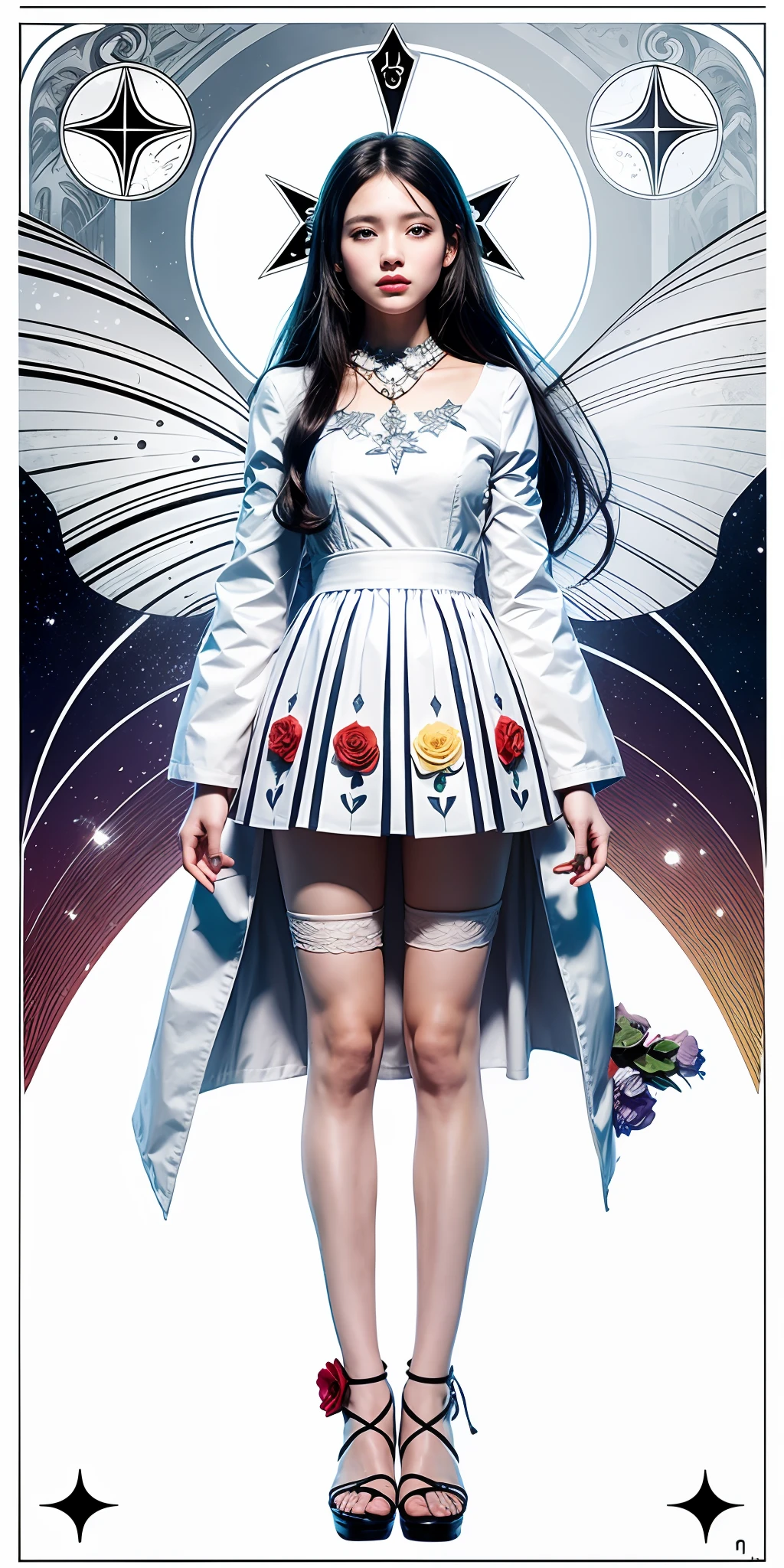 (Golden Ratio: 1.2),(Rose Doodle: 1.2),(Fault Color:1.3),[(White: 1.4)::10],(Full Body: 1.2),(Super Detail: 1.3),Beautiful Girl, 16 Years Old, (Tarot: 1.6), (Magician (Tarot): 1.6), (Paper: 1.2), (Fairy: 1.6), (Fairy Wings: 1.2), Full body, standing in the air, (Cool: 1.2), (Red Long Hair),( Butterfly Hair Ornament),(Flower Hair Ornament: 1.0),((Sandals,Rocket)),(Colorful Cocktail Long Dress: 1.0)+ (Loose Sleeve Coat: 1.3)+(Floating Colorful Tassel and Ribbon: 1.2),(White Stockings: 1.2),(Colorful Ink Paper Flowers Grow on Face: 1.2),(Sea of Colorful Flowers: 1.3),( Chaotic geometric image: 1.3), (negative space: 0.8), (drawing board: 1.3), (ethereal colorful ink flow: 1.3)