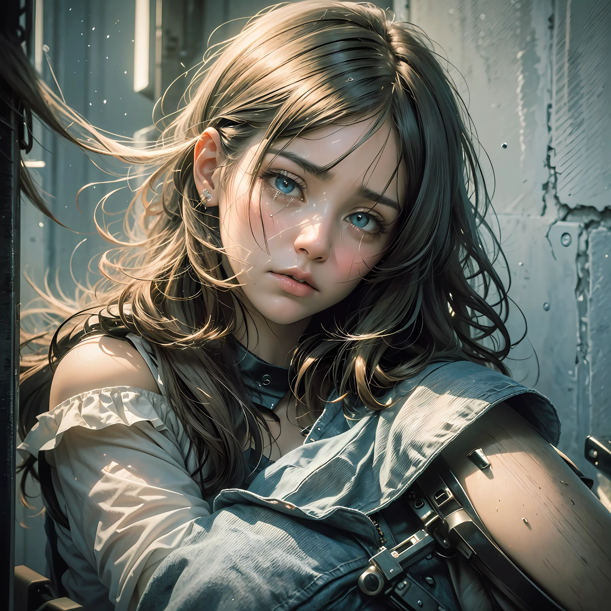 Best Quality, Masterpiece, Ultra High Resolution, (Realistic: 1.4), Original Photo, (Realistic Skin Texture: 1.3), (Film Grain: 1.3), Panorama, Portrait of People, Very Wide Lens, Narrow Waist, Denim Lens, (In the Dark, Deep Shadows, Understated, Cold Light,) Night, Close Up, Tears, Indoor, Dust, Tyndall Effect, Sadness, Disappointment, Gloomy (Expression), Sitting, (Against the Wall), Crying, Frowning, (Looking Down), Nervousness, Tearful, Lonely, 1 Girl, Beautiful detailed eyes and face, white jabot, off-the-shoulder, brown eyes, --auto --s2