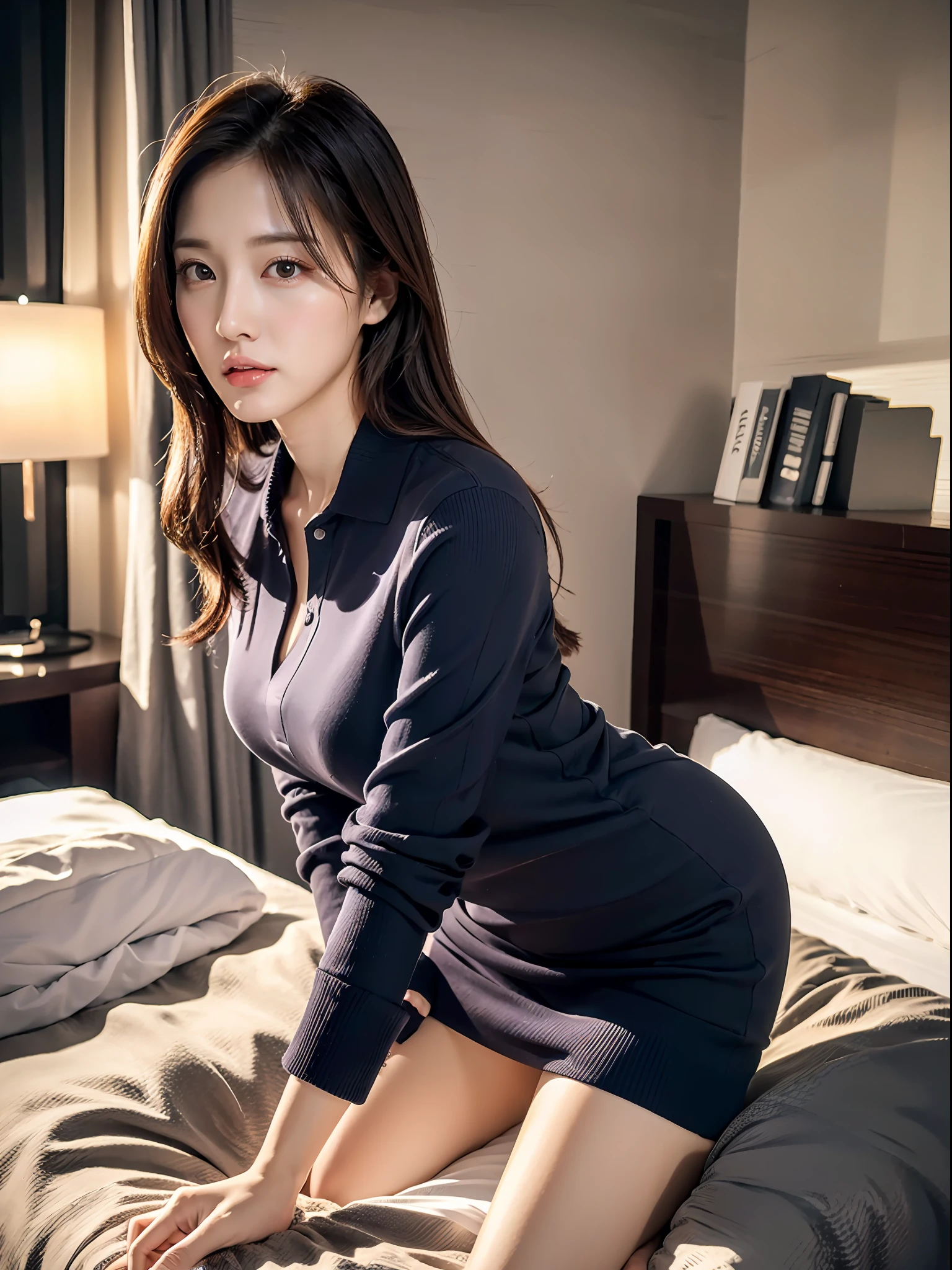 (Best Quality, 8K, Ultra HD), Full Body, Neat and Clean Woman, Shy, Office Casual Outfit, Slender, Sexy, Beautiful Eyes, Double Eyelids, Sleeping in Bed, Background Hotel Room