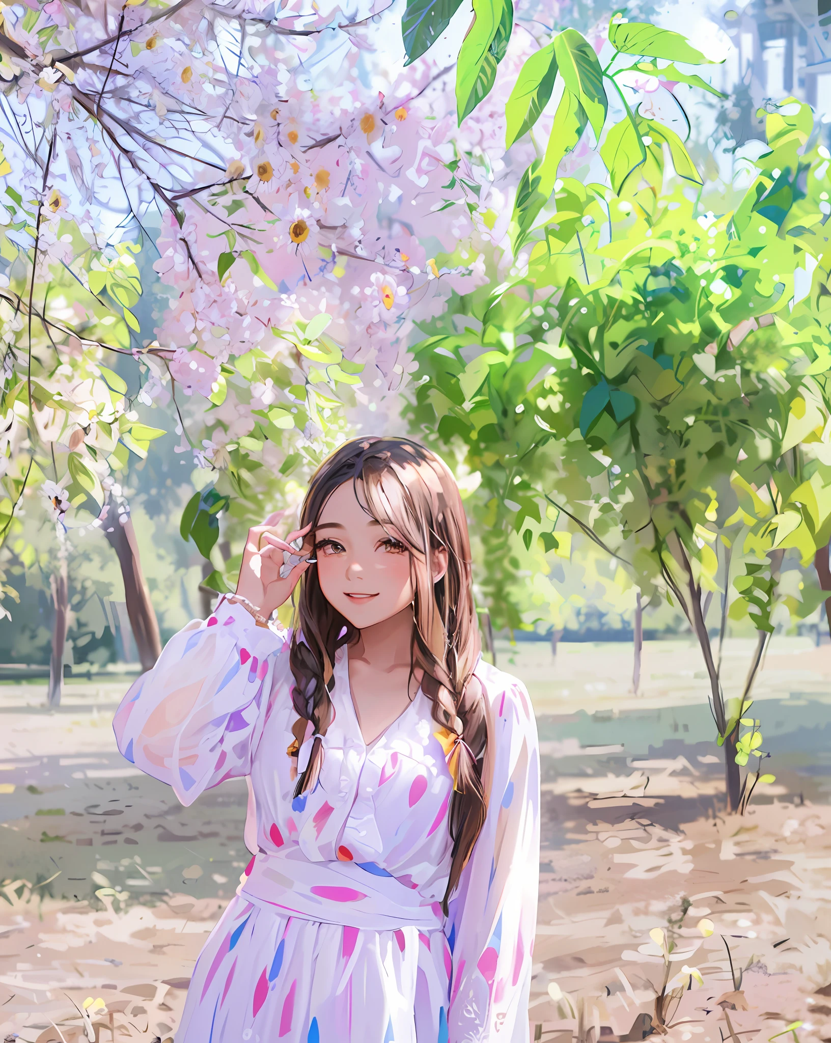 (4K quality, a masterpiece) A girl. He wears a sunflower straw hat and braids on his head. The background is a large field of sunflowers, rendered in oil painting style, with black hair in ultra high definition, beautiful smile.