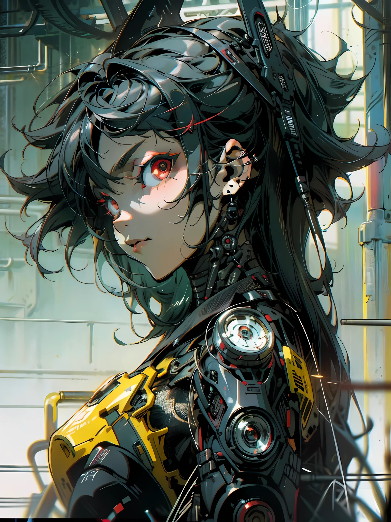 masterpiece, highly detailed, high quality, goth punk girl, red eyes, dynamic pose, aim at viewers, pop, cyberpunk, sci-fi, illustration, cinematic lighting,