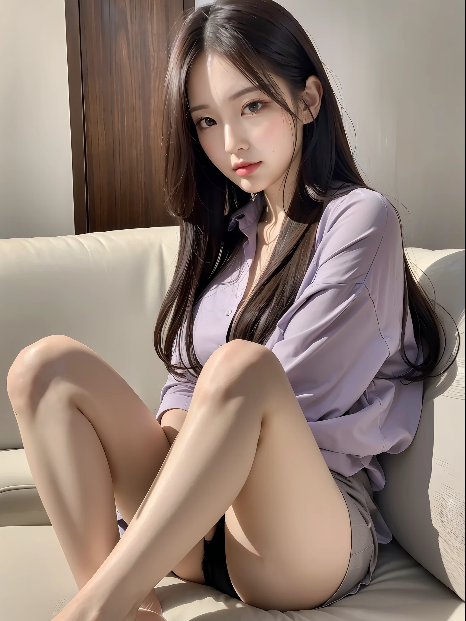 (Best Quality, 8K, Ultra HD), Full Body, Sitting on the Sofa, Neat and Clean Woman, Shy, Office Casual Outfit, Slender, Sexy, Beautiful Eyes, Double Eyelids, Background Is Hotel Room