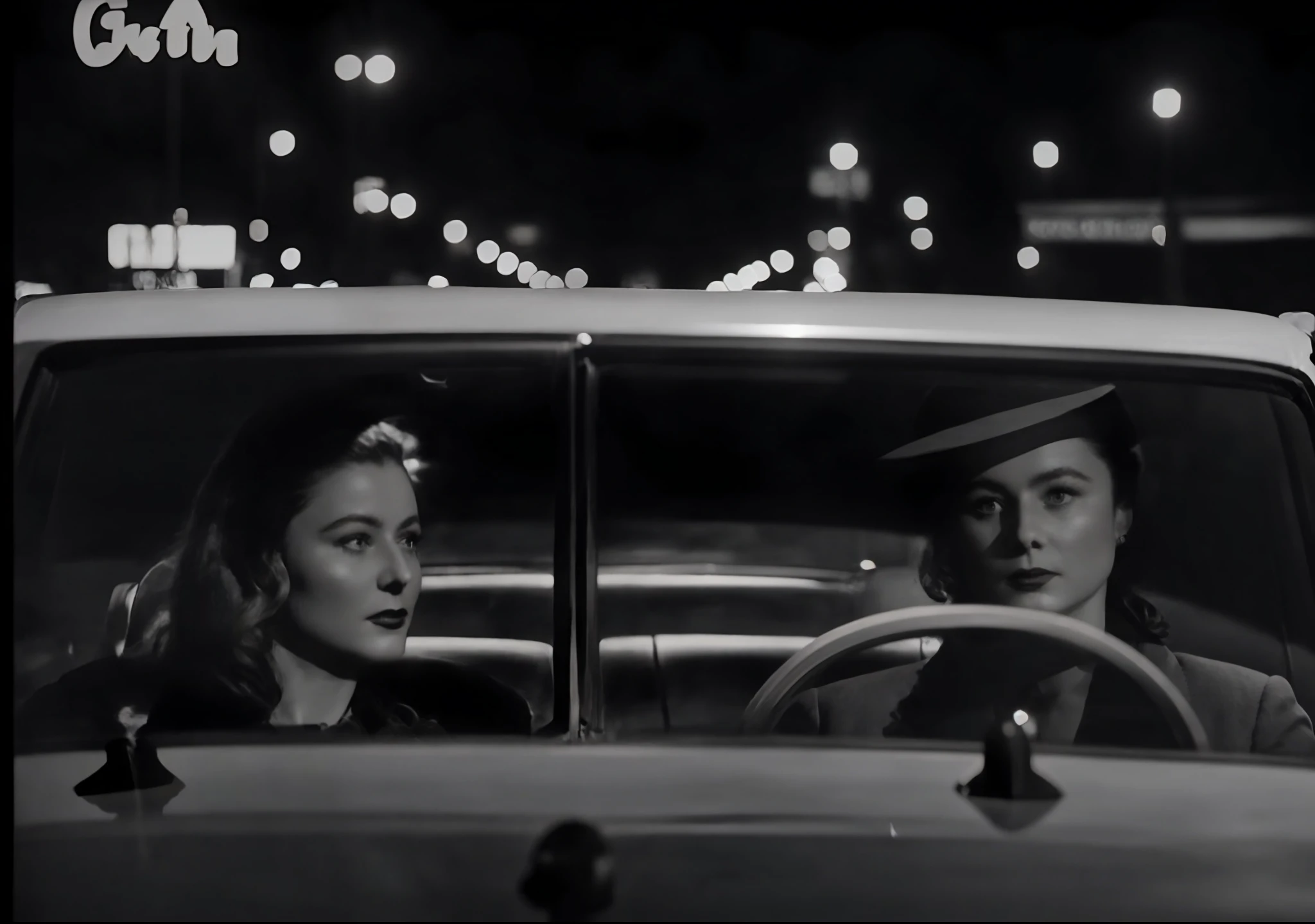 A man and a woman in a car at night driving down the street, classic film noir scene, film noir scene, 1950s film noir, still film noir, 1 9 4 0 s film noir, realistic film noir, based on a film scene, 1950s American thriller film noir, gritty film noir, vintage movie shot, screenshot of a movie