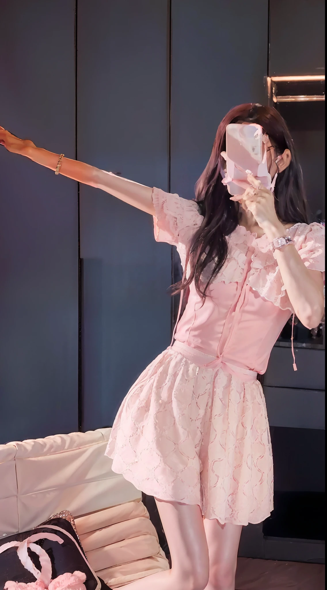 There is a woman taking a picture of herself in the mirror, femme fatale, dress, (pink), (pink), pink dress, beauty, , 2 0 2 0 fashion, LV, 8K)), 19xx, lady, pleasant, girl, high quality material BSSRDF, female girl dress, fashion camera focuses on very large aperture, (f/1.2)), shallow depth of field, strong blur in background lens, ISO 3000, auto white balance, extremely detailed, 🎀 🍓 🧟 🧚 professional lighting, soft light, original photos, uniqlo fashion models, best quality, masterpiece, award-winning photography, huge file size, 8k, high resolution,