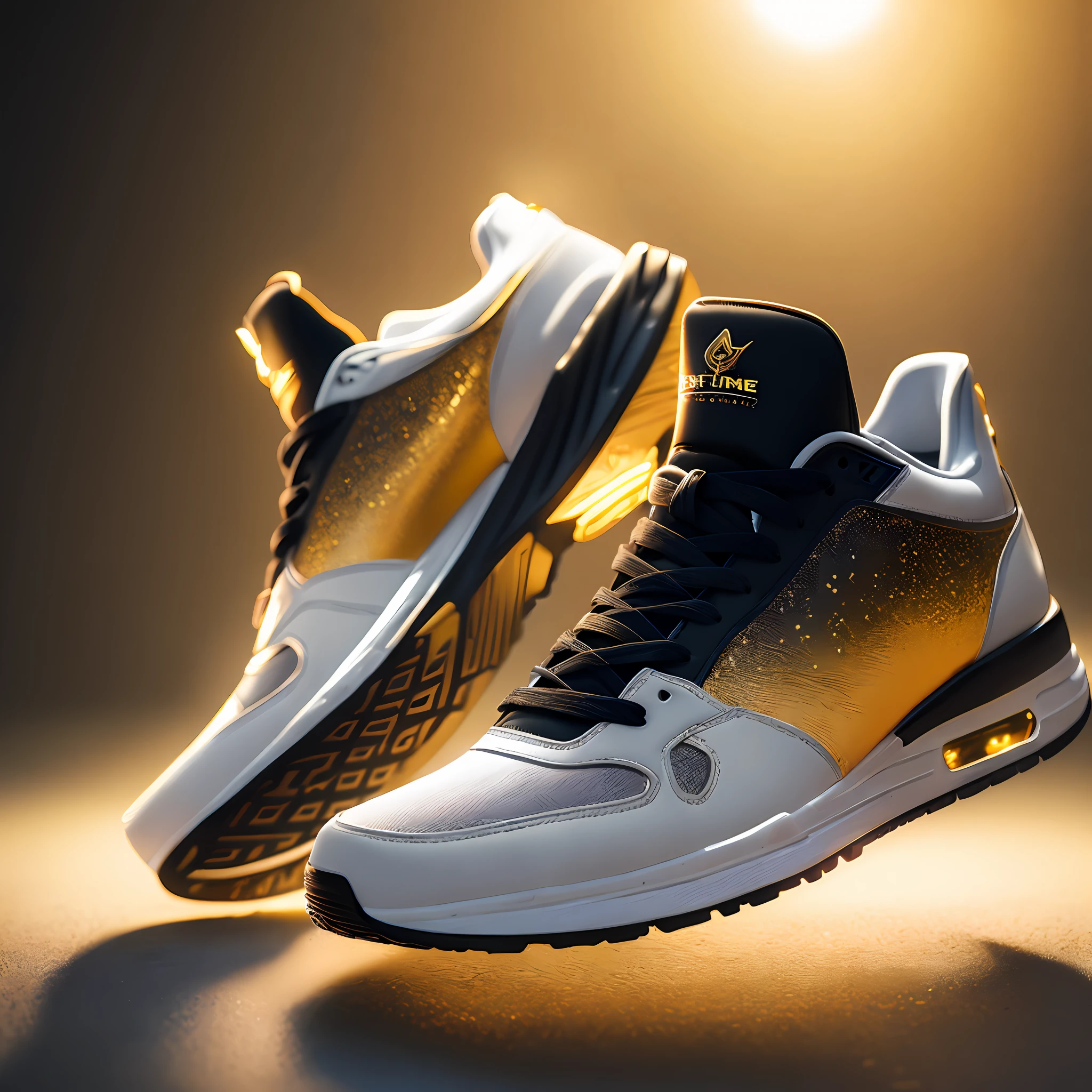 product photography of a beer color white and gold cool gradation sneakers, epic render, octane, atmosphere, particles, soft volumetric lights, (backlit:1.3), (cinematic:1.3), intricate details, (ArtStation:1.3),no background