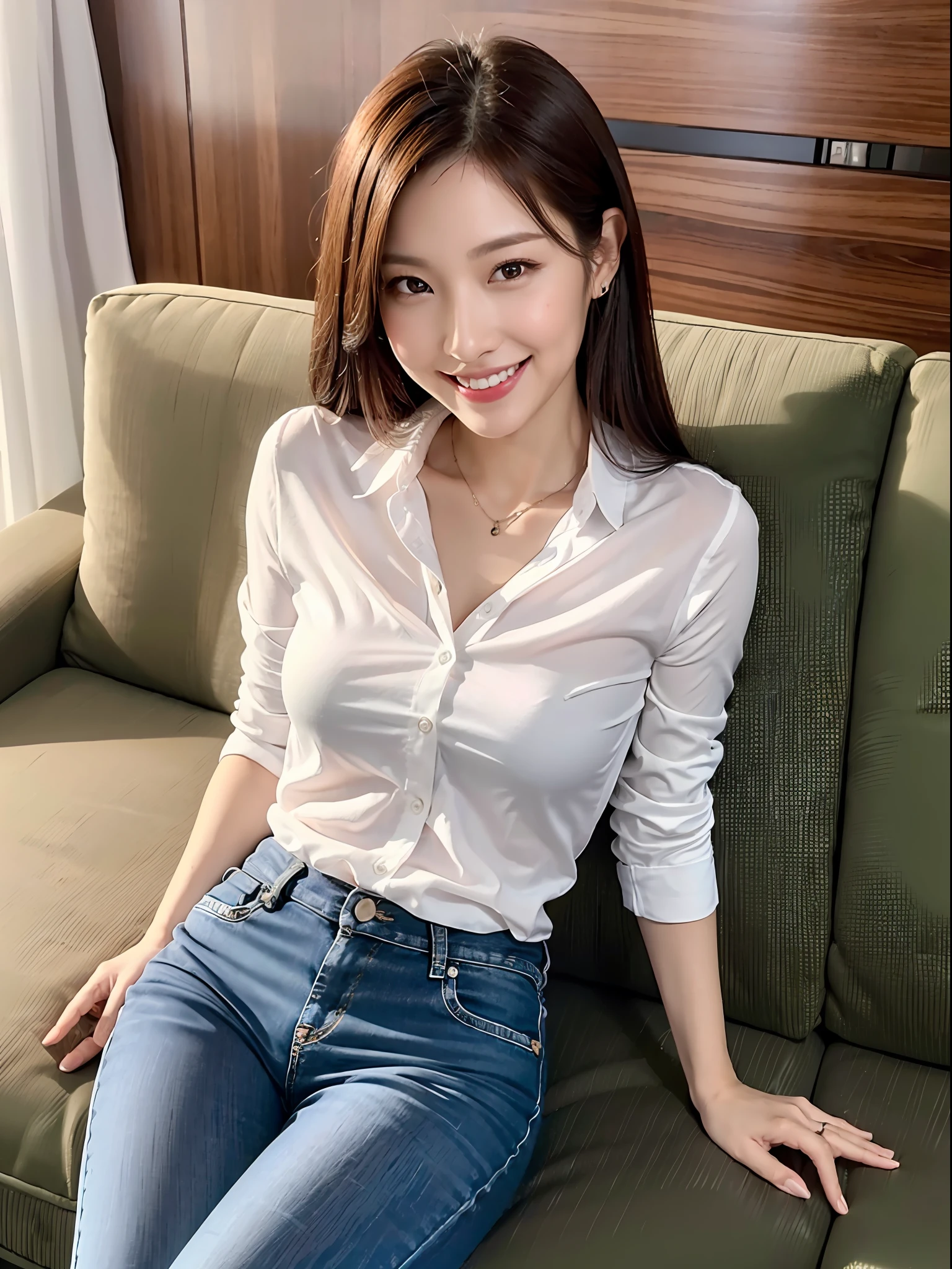 (Best Quality, 8K, Ultra HD), Full Body, Overhead Shot, Sitting on Sofa, Neat and Clean Woman, Smiling, Office Casual, Pants Visible, Slender, Sexy, Beautiful Eyes, Double Eyelids, Background Hotel Room
