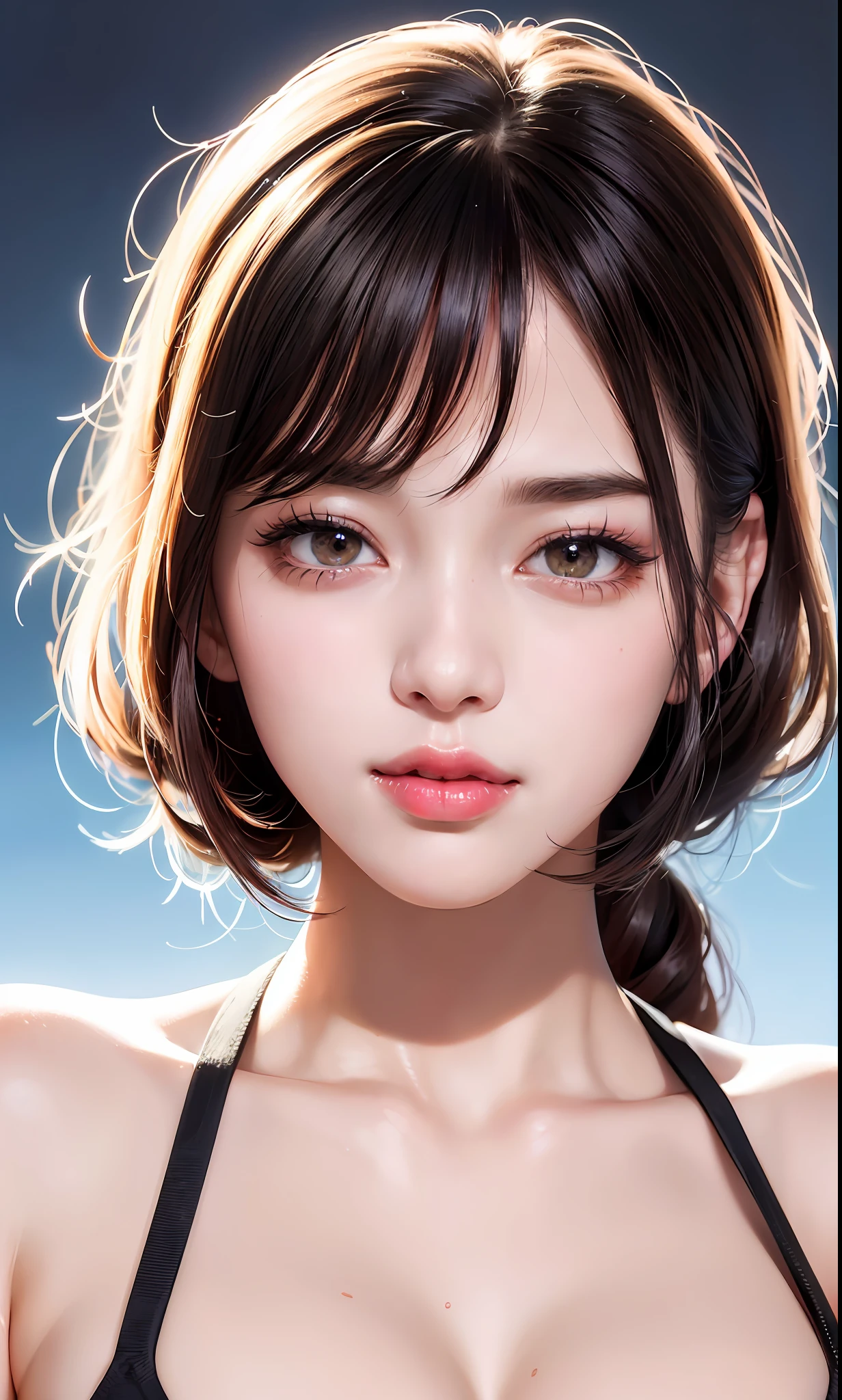 (8k, RAW Photo, Photorealistic: 1.25), (Lip Gloss, Eyelashes, Glossy Face, Glossy Skin, Best Quality, Ultra High Resolution, Depth of Field, Chromatic Aberration, Caustics, Wide Lighting, Natural Shading, Kpop Idol) Viewer sees a gentle and goddess-like euphoria, smile, big breasts,