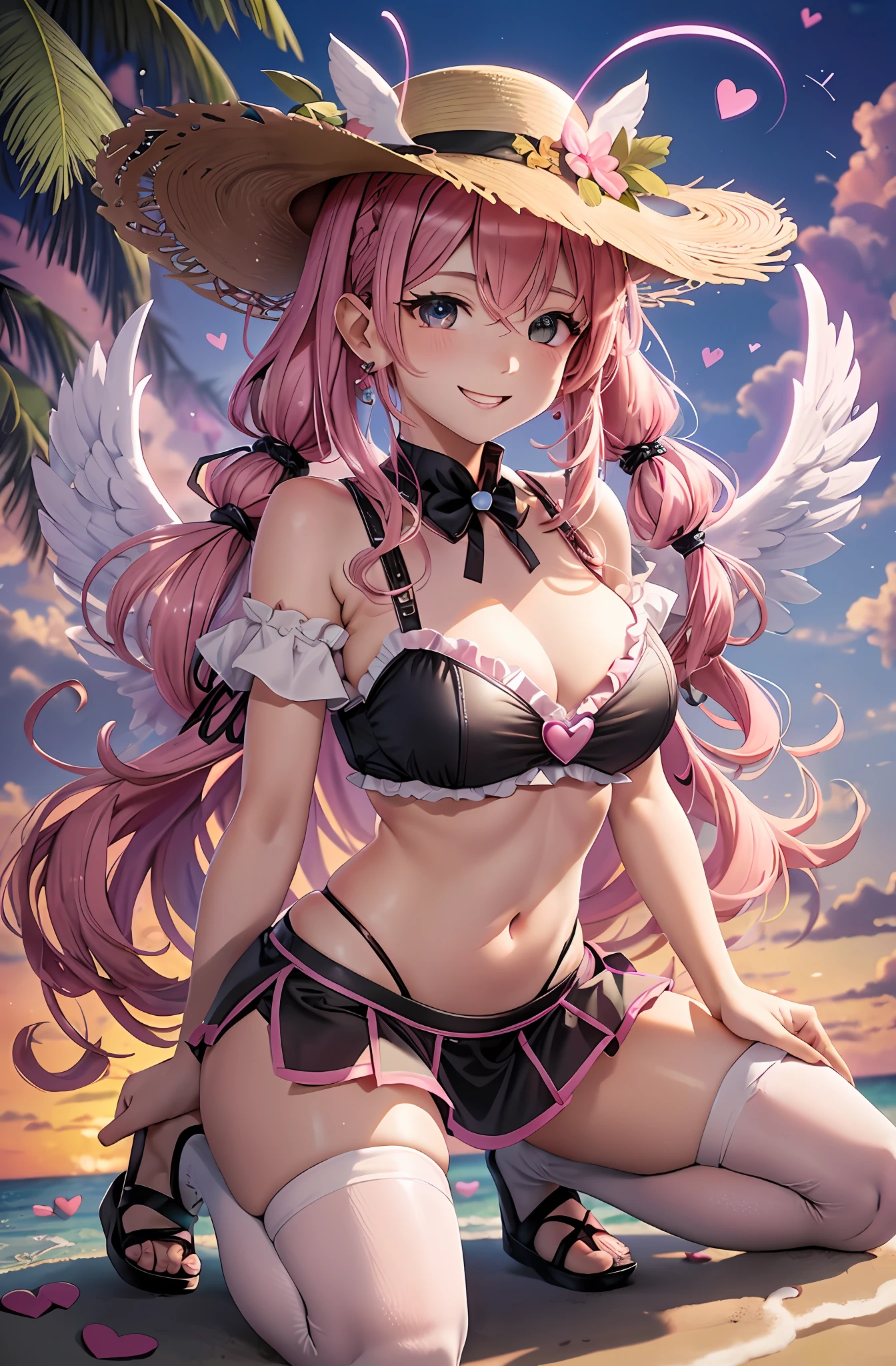 Pink hair. Pigtails. Miniskirt. Earring. Angel wings. Heart-shaped vacant chest. Heart logo. A big smile. Sunset beach. Straw hats. White wings. Kneeling. Get on your knees.