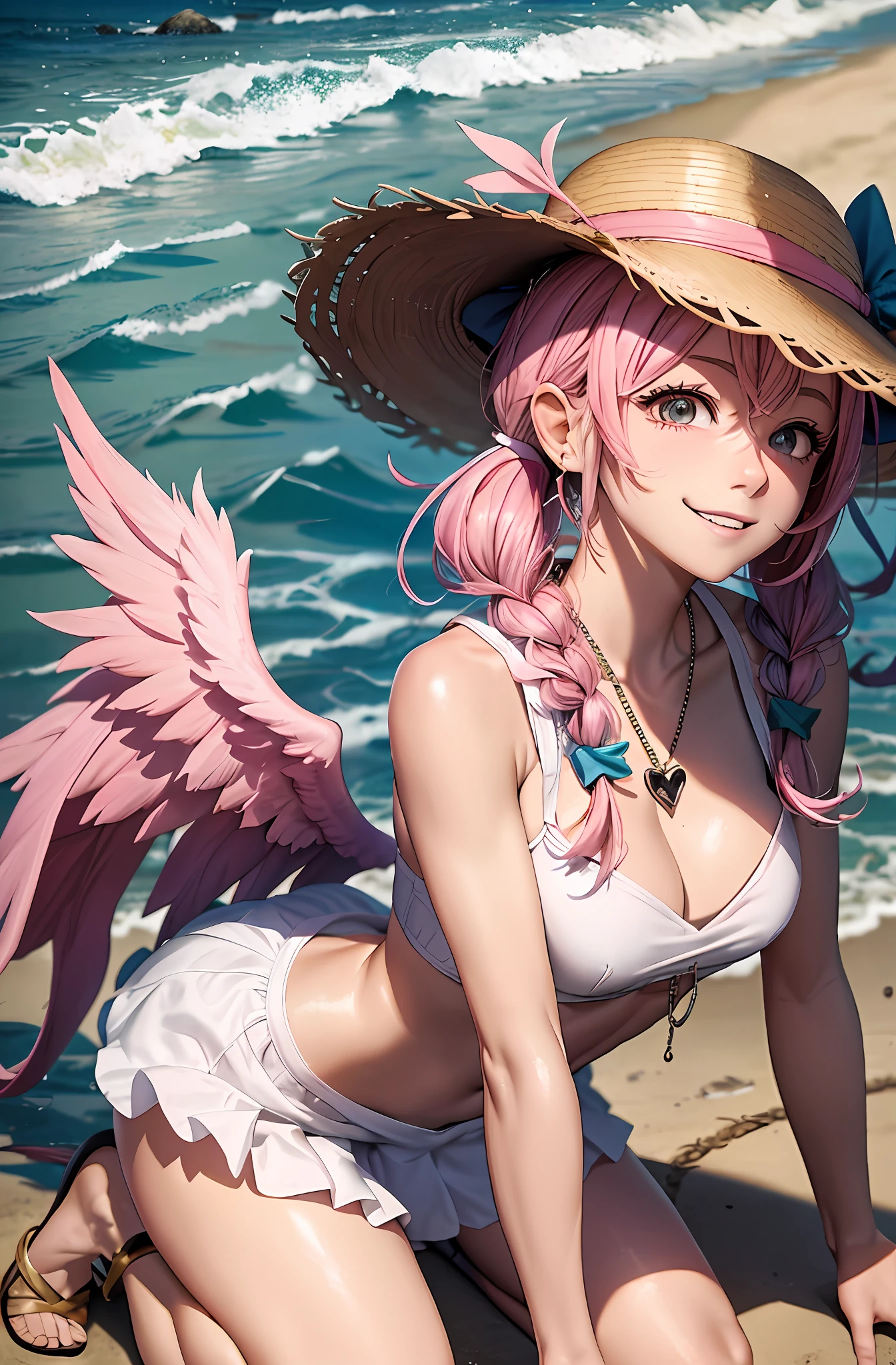 Pink hair. Pigtails. Miniskirt. Earring. Angel wings. Heart-shaped vacant chest. Heart logo. A big smile. Sunset beach. Straw hats. White wings. Kneeling. Get on your knees.