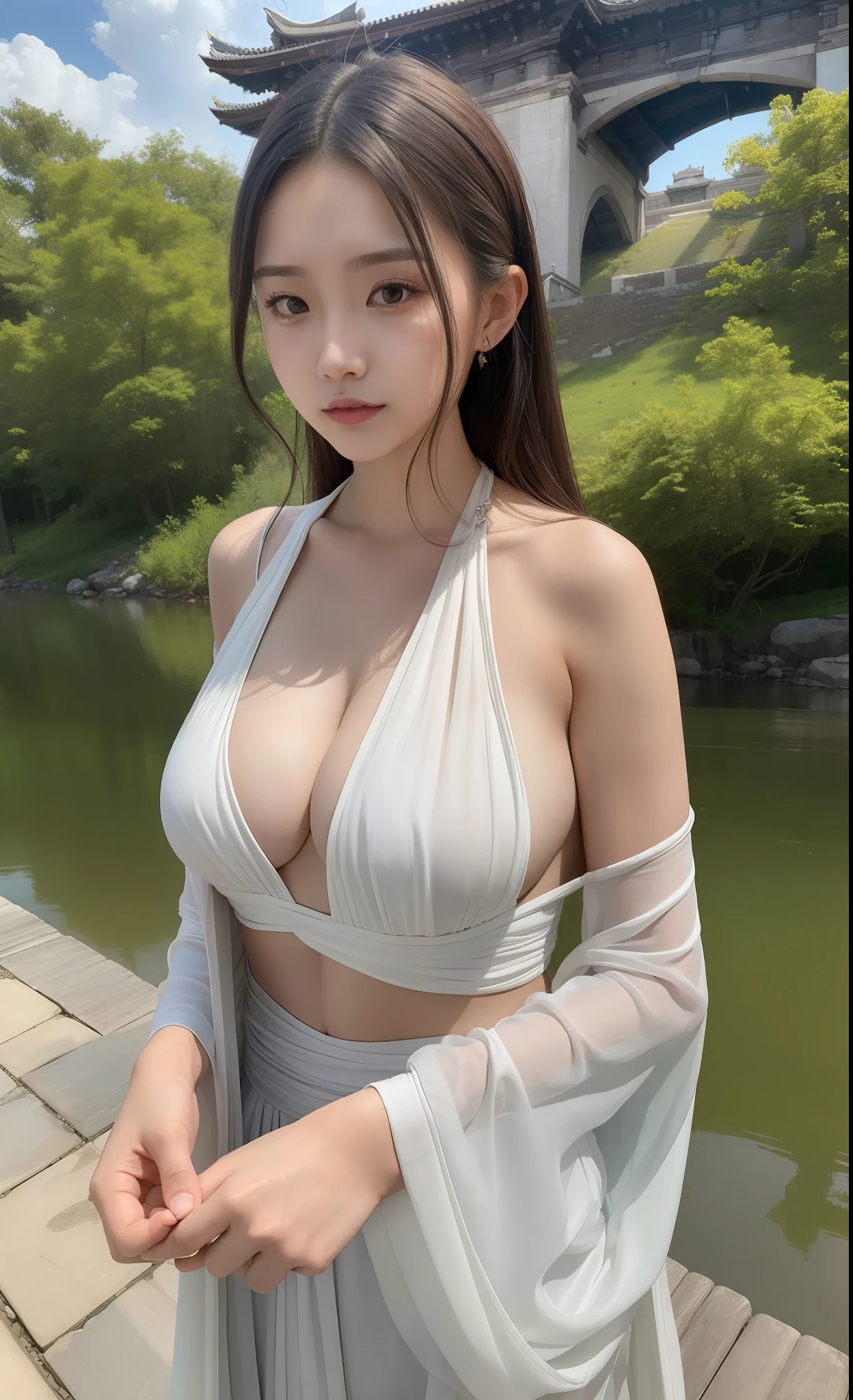 ((best quality)),((masterpiece)),((ultra high res)), (intricate details), (soft lighting), cinematic, dramatic, composition, sunny sky, brutalist, hyper realistic, epic scale, sense of awe, insane level of details, upper body, masterpiece, best quality,(photorealistic:1.4), highres, bob hair, jewelry hairpin, Natural(small breasts:0.8), riverside and rock or temple or bridge, (loose:1.5)clothing, (loose:1.5)hanfu, (see-through), ((Bare shoulders)), (cleavage, sexy), (nsfw:1.25)