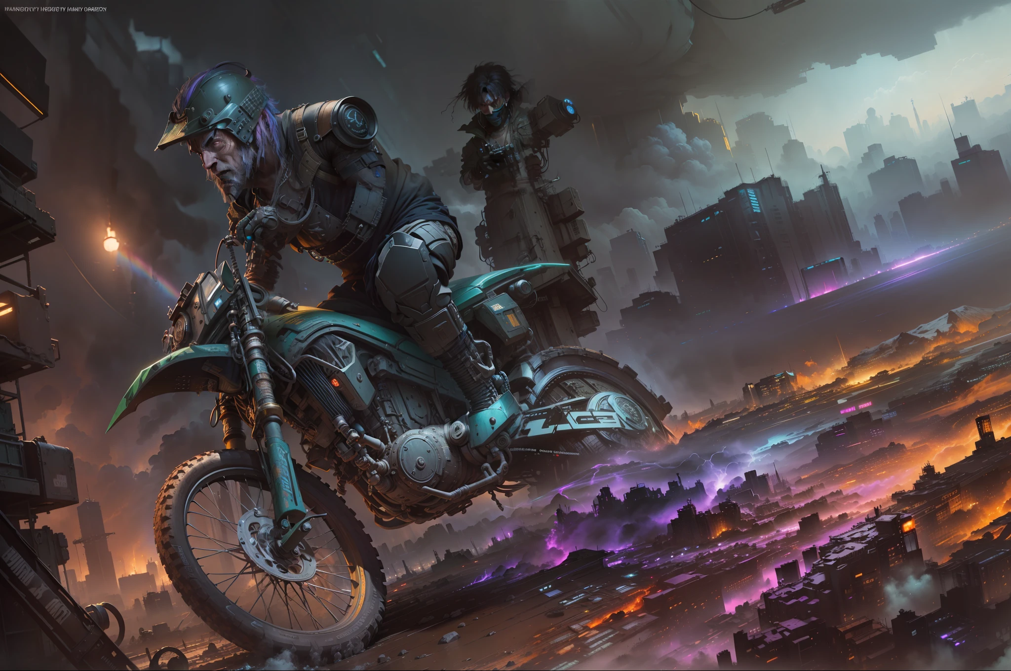 (masterpiece) highly detailed RAW, a post-apocalyptic man, cyberpunk city themed rainbow vivid, hassanfantasy style, by Jeremy Mann and Donato Giancola ultra realistic highly detailed intricate photorealistic