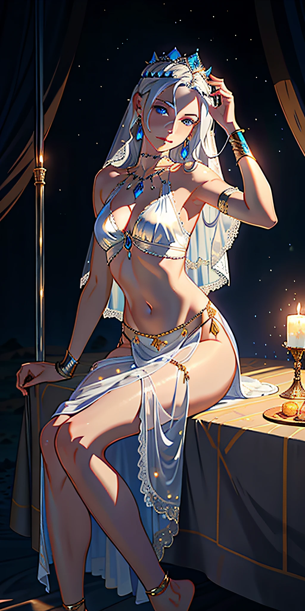 Adult odalisque with silver hair and blue eyes, expensive dress, silver, jewelry, small breasts, desert, camp, gypsy, nomadic, brave face, brave, small, thin, mystical, incense, tent, moonlight, silver moonlight, lighting, lace, transparent, long skirt, veil, crown,