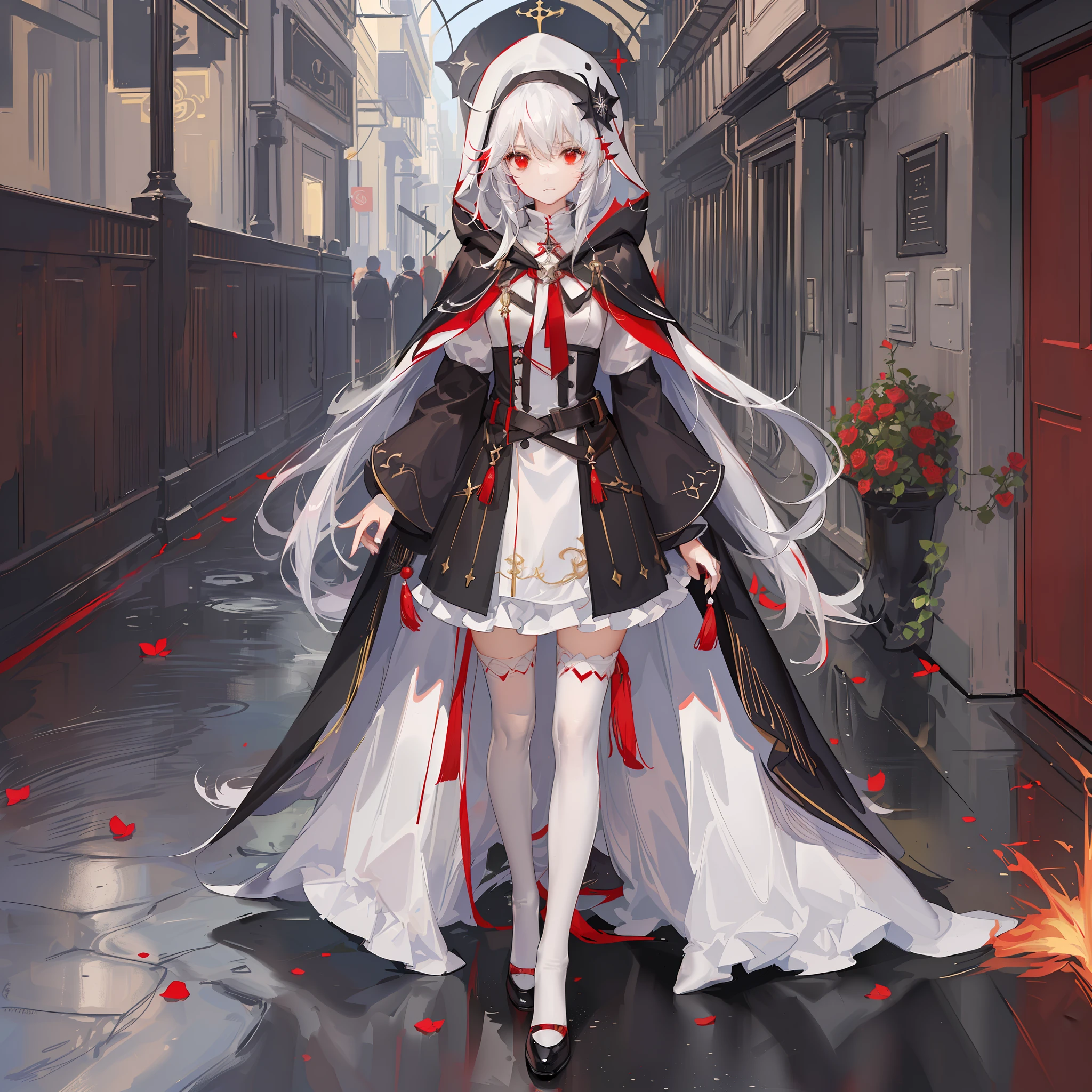 Maiden, white stockings, round red thread striped road black robe, hood, cape, red eyes, long white hair, faint smile, standing posture, full body, mage, holy girl
