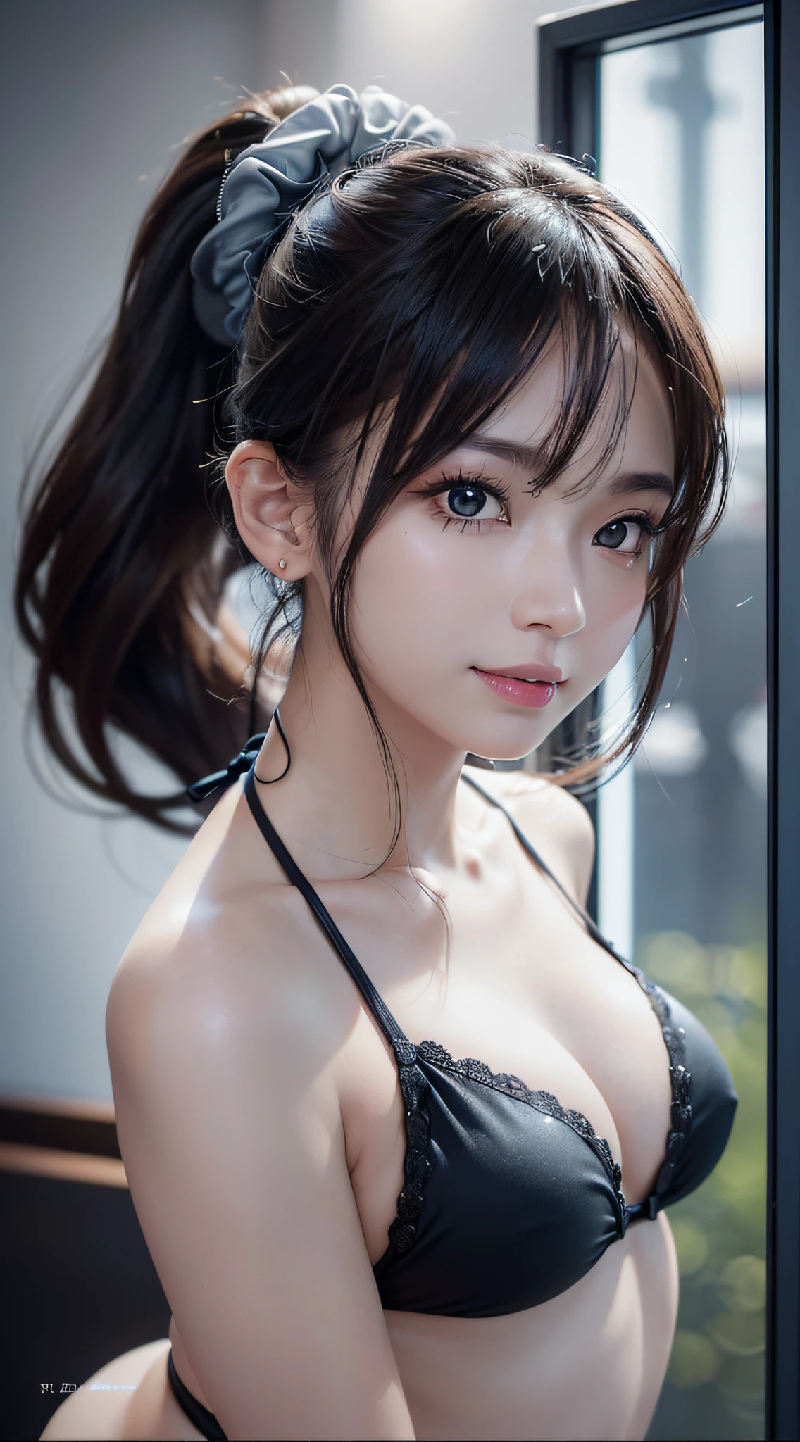 (Best View: 1.2), (8k, RAW Photography, Best Quality, Masterpiece: 1.2), High Definition RAW Color Photos, Professional Photography, Gravure Idol, (22 years old, cute Japan girl), 1 girl, (Realistic, Realistic Photos: 1.37), ((Best Quality)), (Best Quality: 1.5), (Best Quality: 1.2), Cinematic Light, (Detail Face: 1.2), (Ultra Detailed Face, Detailed Eyes(0.8), Small Face, (Smile: 2), (Show Viewer: 1.2), (Light Blue Cute Bikini: 1.5), ((Colossal: 1.5)), (Slender: 1.2), (Thick Thighs), Concentrated on Face: 0.1, (With Bangs, Ponytail and Scrunchie: 1.2), (Darkness, Deep Shadow, Low Key, Cold Light))), Real: 1.3, (HDR: 1), Eye-Catching, ((Glowing Black Eyes) )、