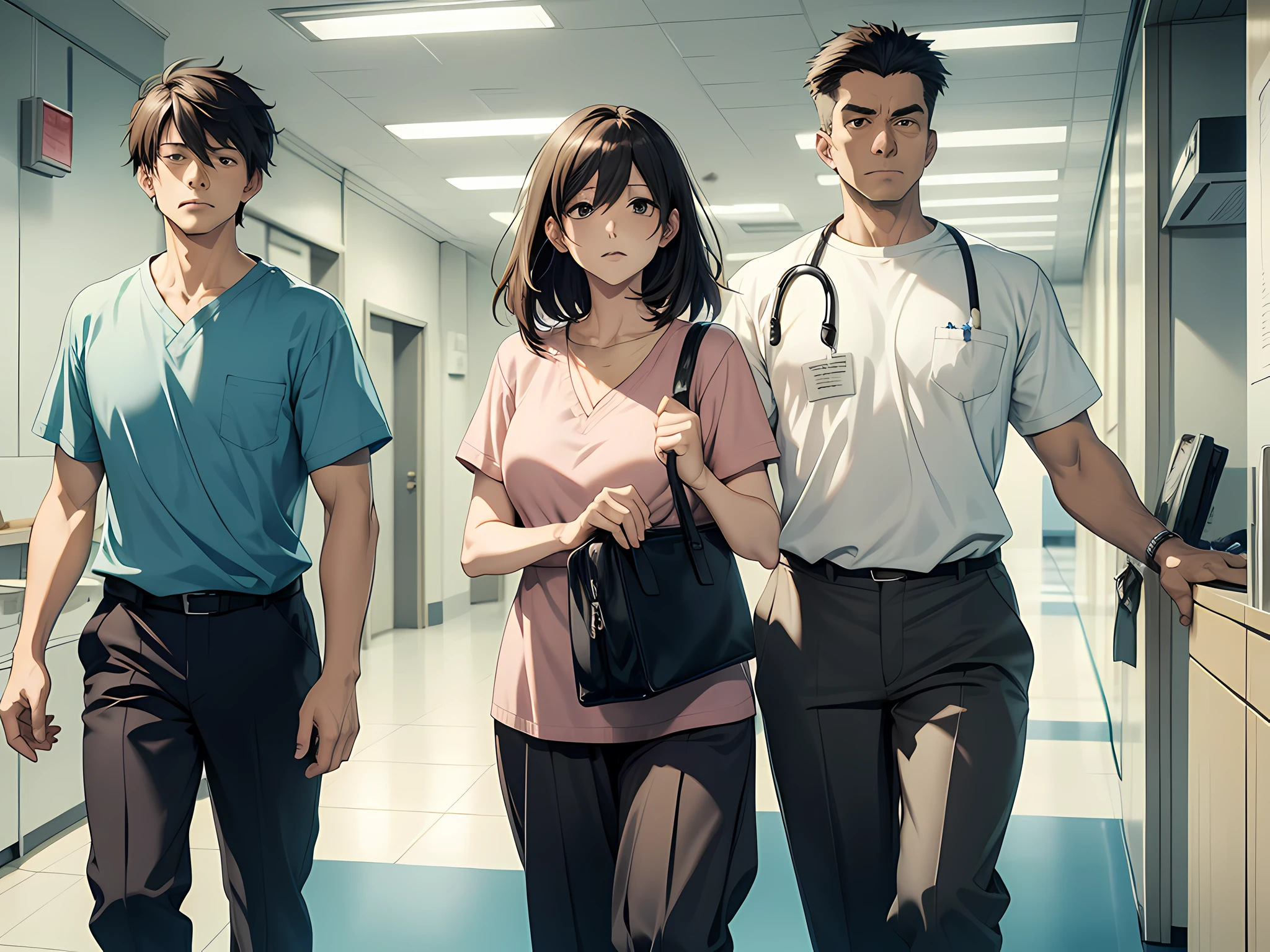 A middle-aged couple angrily holding documents in a hospital ward, manga, anime style