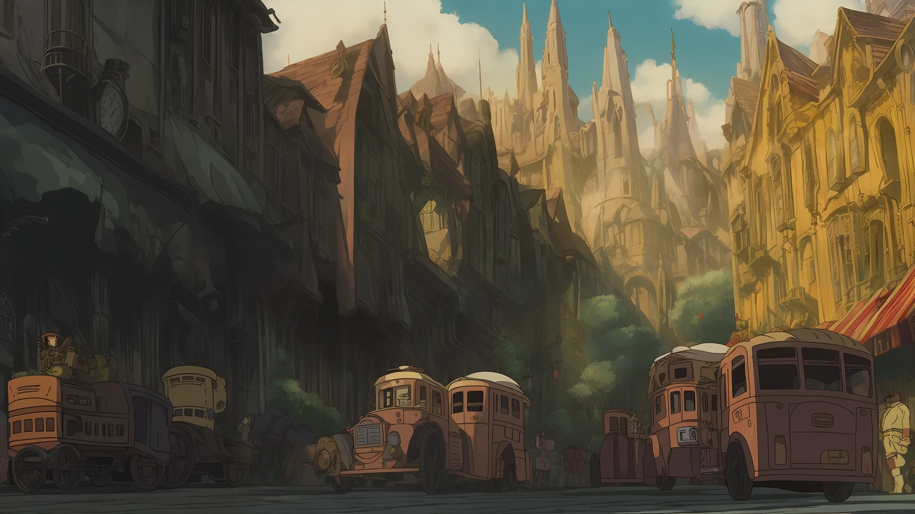 steampunk city, street view,_ghibli_anime_style style