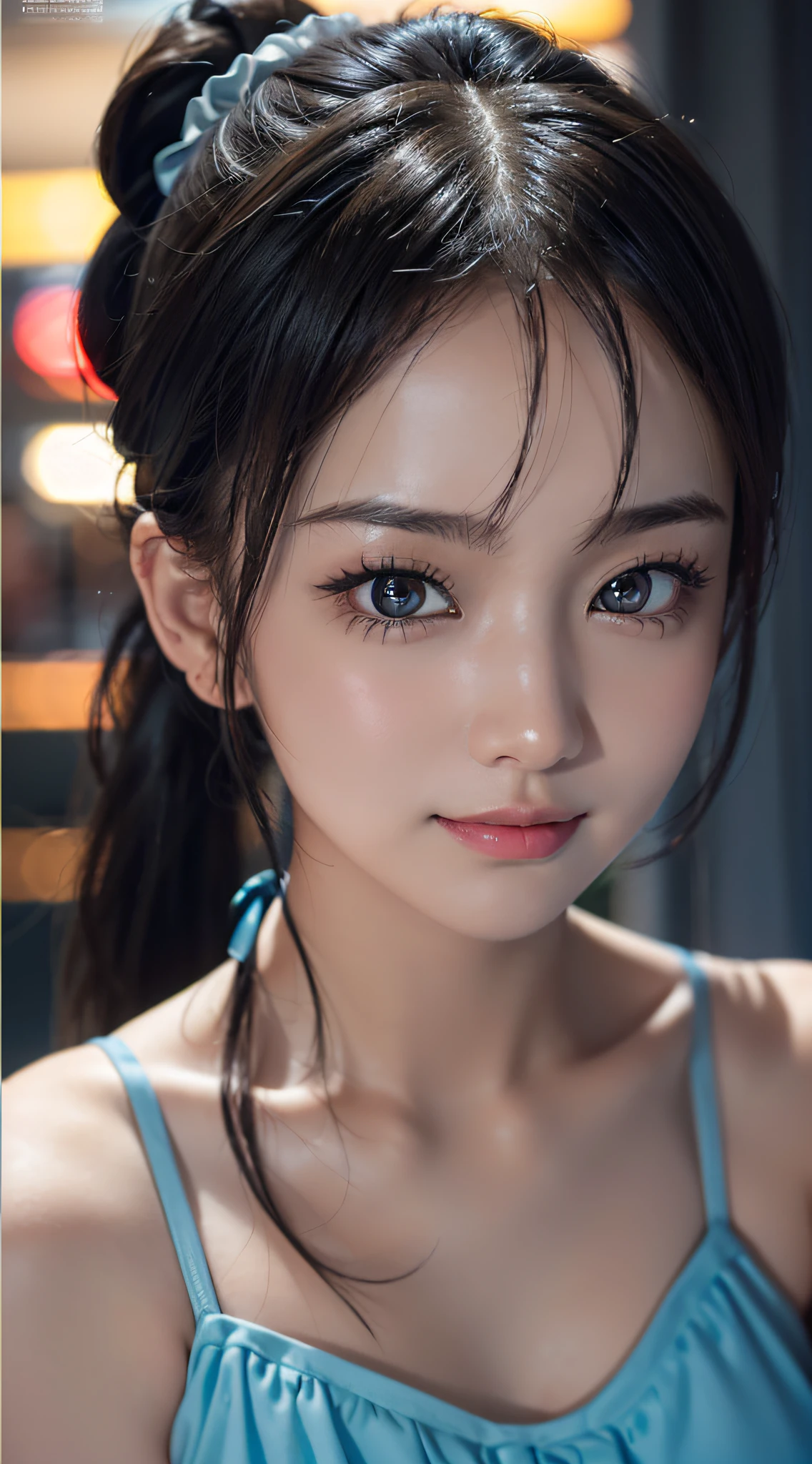 (Best View: 1.2), (8k, RAW Photography, Best Quality, Masterpiece: 1.2), High Definition RAW Color Photos, Professional Photography, Gravure Idol, (22 years old, cute Japan girl), 1 girl, (Realistic, Realistic Photos: 1.37), ((Best Quality)), (Best Quality: 1.5), (Best Quality: 1.2), Cinematic Light, (Detail Face: 1.2), (Ultra Detailed Face, Detailed Eyes(0.8), Small Face, (Smile: 2), (Show Viewer: 1.2), (Light Blue Cute Bikini: 1.5), ((Colossal: 1.5)), (Slender: 1.2), (Thick Thighs), Concentrated on Face: 0.1, (With Bangs, Ponytail and Scrunchie: 1.2), (Darkness, Deep Shadow, Low Key, Cold Light))), Real: 1.3, (HDR: 1), Eye-Catching, ((Glowing Black Eyes) )、