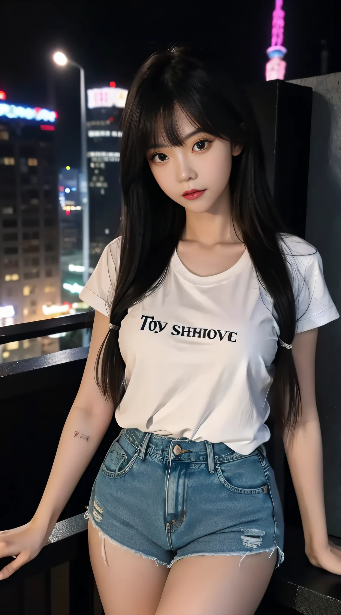 A Chinese woman at night on the rooftop of a tall building, fluffy hair, delicate face, bright, real girl, large aperture, slim, wearing denim shorts, black stockings, loose T-shirt, letter T-shirt, close up photo,