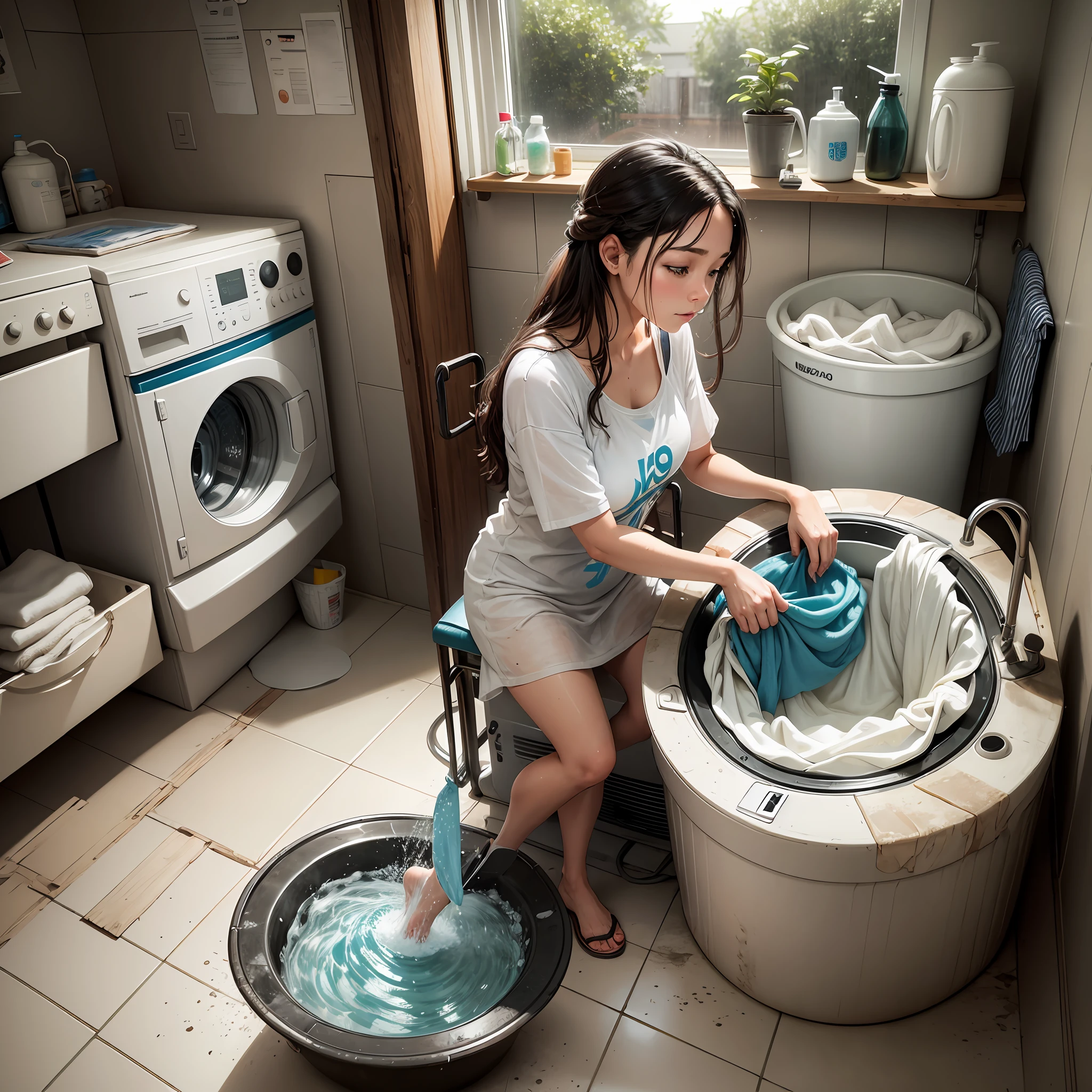A woman washes clothes in a washing machine at home --auto --s2