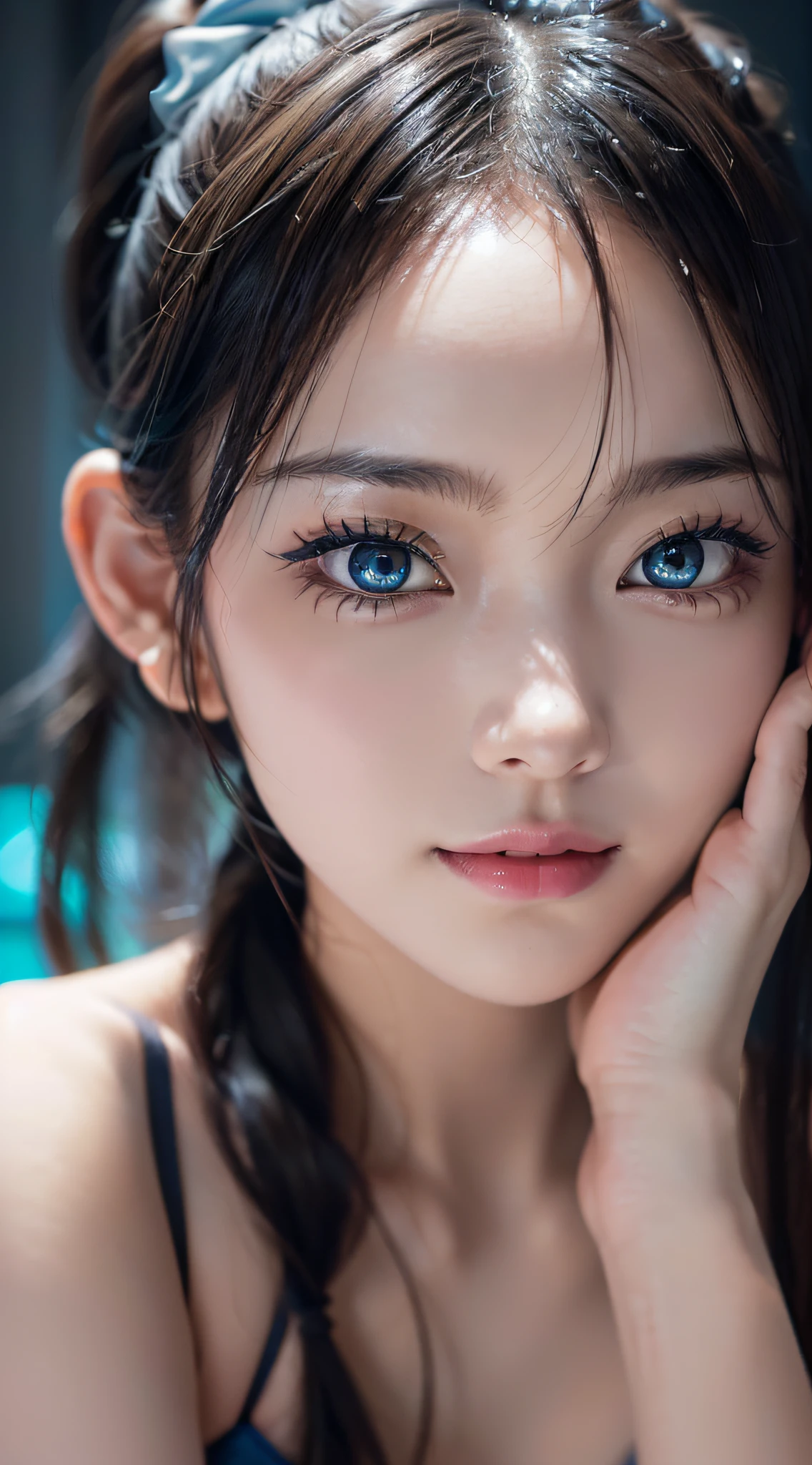 (Best View: 1.2), (8k, RAW Photography, Best Quality, Masterpiece: 1.2), High Definition RAW Color Photos, Professional Photography, Gravure Idol, (22 years old, cute Japan girl), 1 girl, (Realistic, Realistic Photos: 1.37), ((Best Quality)), (Best Quality: 1.5), (Best Quality: 1.2), Cinematic Light, (Detail Face: 1.2), (Ultra Detailed Face, Detailed Eyes(0.8), Small Face, (Smile: 2), (Show Viewer: 1.2), (Light Blue Cute Bikini: 1.5), ((Colossal: 1.5)), (Slender: 1.2), (Thick Thighs), Concentrated on Face: 0.1, (With Bangs, Ponytail and Scrunchie: 1.2), (Darkness, Deep Shadow, Low Key, Cold Light))), Real: 1.3, (HDR: 1), Eye-Catching, ((Glowing Black Eyes) )、