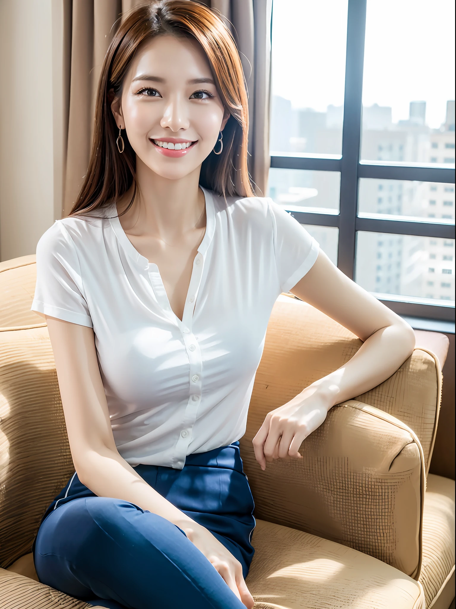 (Best Quality, 8K, Ultra HD), Full Body, Sitting on Sofa, Neat and Clean Woman, Smiling, Office Casual, Underwear Visible, Slender, Sexy, Beautiful Eyes, Double Eyelids, Background Hotel Room