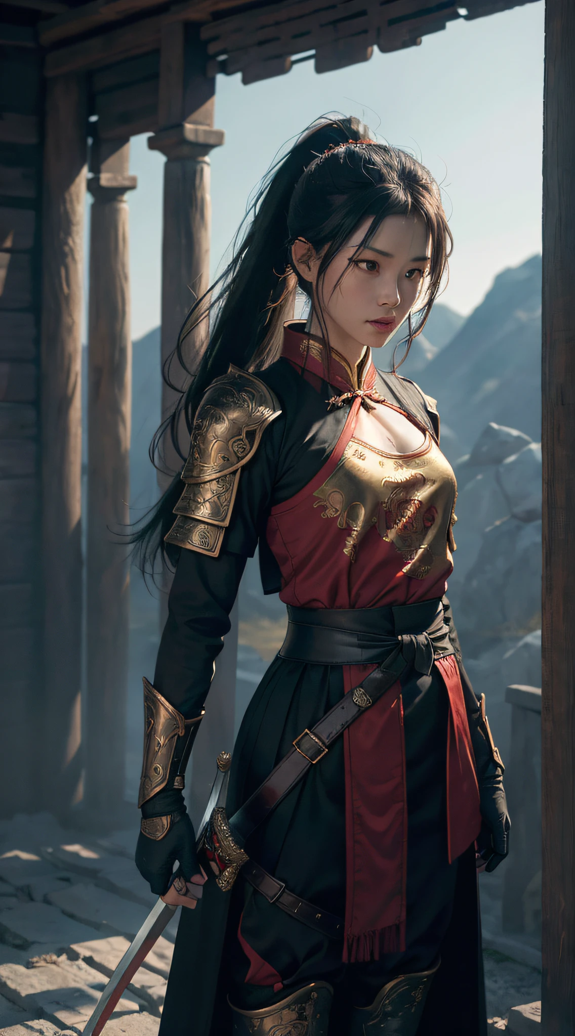 (Positive Focus), (In the Dark: 1), (Best Quality), (Realisticity: 1), Movie Poster, Realistic Skin Texture, Highly Detailed, 8k Wallpaper, Volume Lighting, Dynamic Lighting, A Girl, Long Black Hair, Ponytail, Black Robe, Red Belt, Small Amount of Armor, Shoulder Armor, Waist Guard, Hand Guard, Veil, Holding a Long Sword in front of Body, Ancient Chinese Style, Short Sword at the Waist Attack Posture, Blood Stains, Broken Clothes, Ancient Chinese Battlefield, A Group of Ancient Soldiers Chasing and Killing, Arrows Flying, War, Night, dramatic composition, sword qi surrounding, picture detail, war, movie lighting,