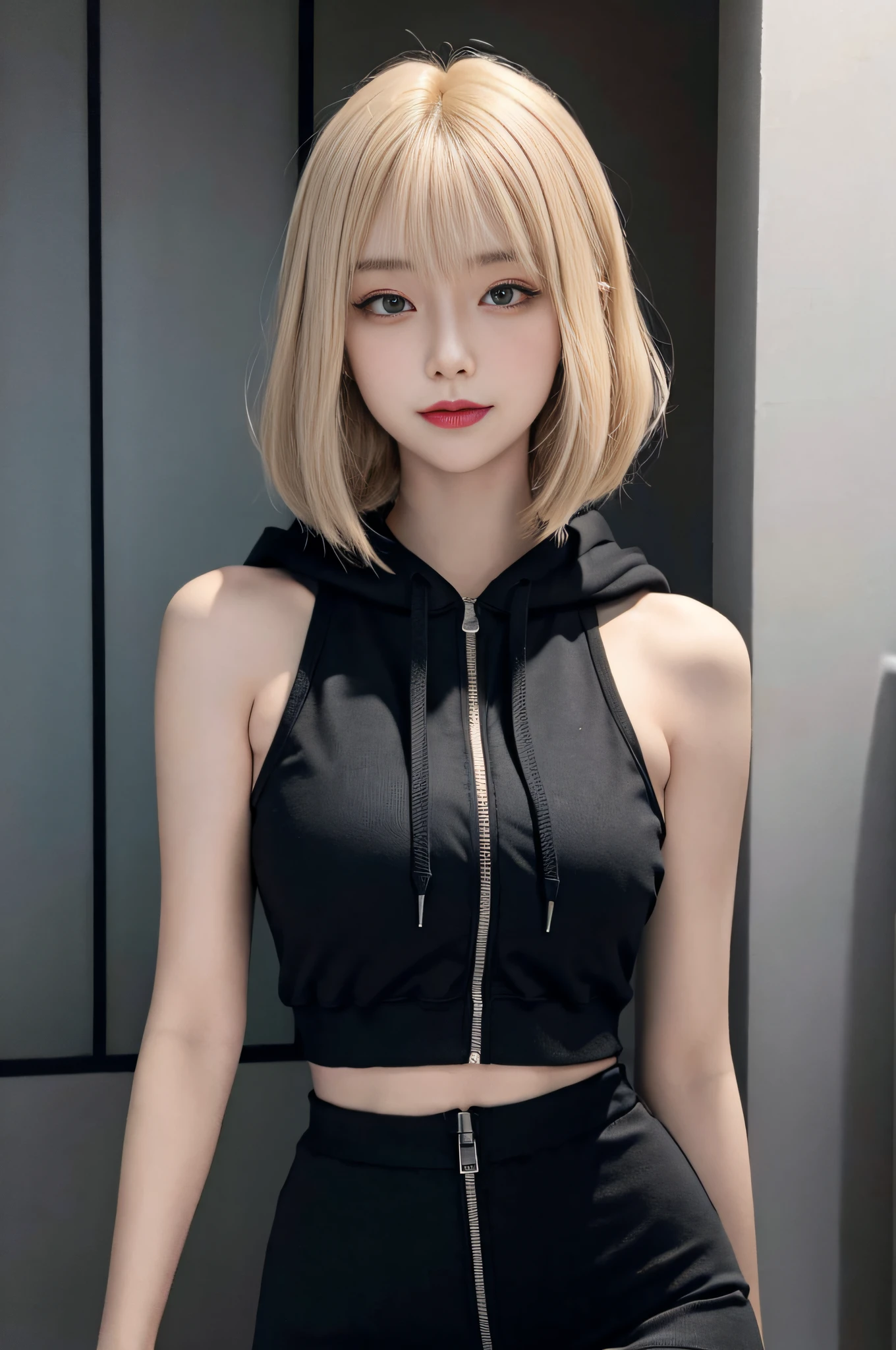 8K RAW photos, 17-year-old cool Korean, big round breasts, cleavage, beautiful abs, sleeveless, cropped length zip hoodie with open front, cropped length top, skirt, beautiful eyes in detail, eyelashes, beautiful double eyelids, eye shadow, slit eyes, sanpaku eyes, perfect eye makeup, tight smile, beautiful thin legs, bright blonde hair, bob cut, various hairstyles, ponytailearring