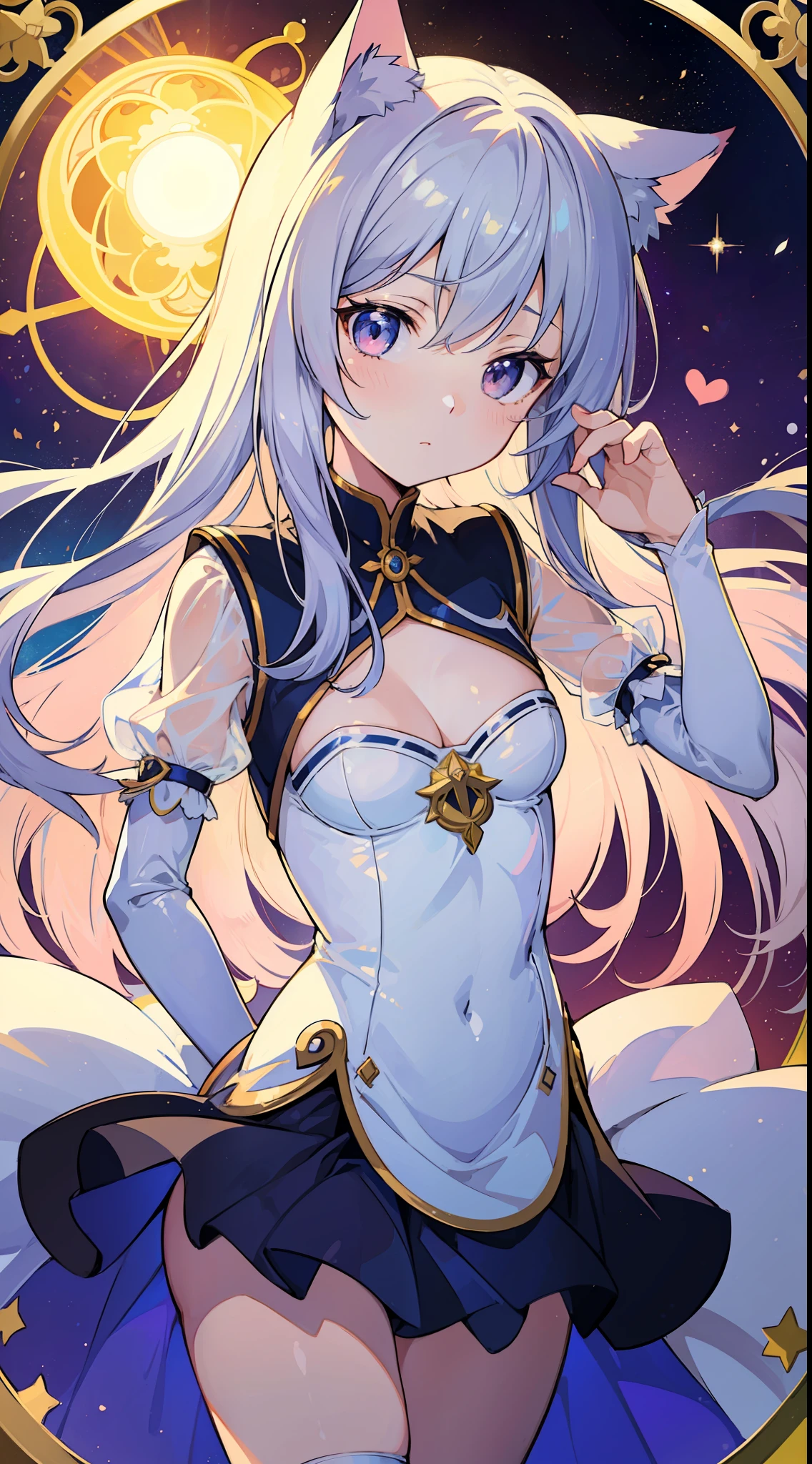 (Masterpiece), (Top Quality Anime Illustrations), (Super Definition), One Girl, Solo, Beautiful Girl with Silver Hair, Anime Loli, Cat Ear Loli, Petite Loli, Silk Priestly Uniform, See-through, Cleavage Emphasis, Lower Breast Enhancement, Thigh Focus, Tarot Card Wind