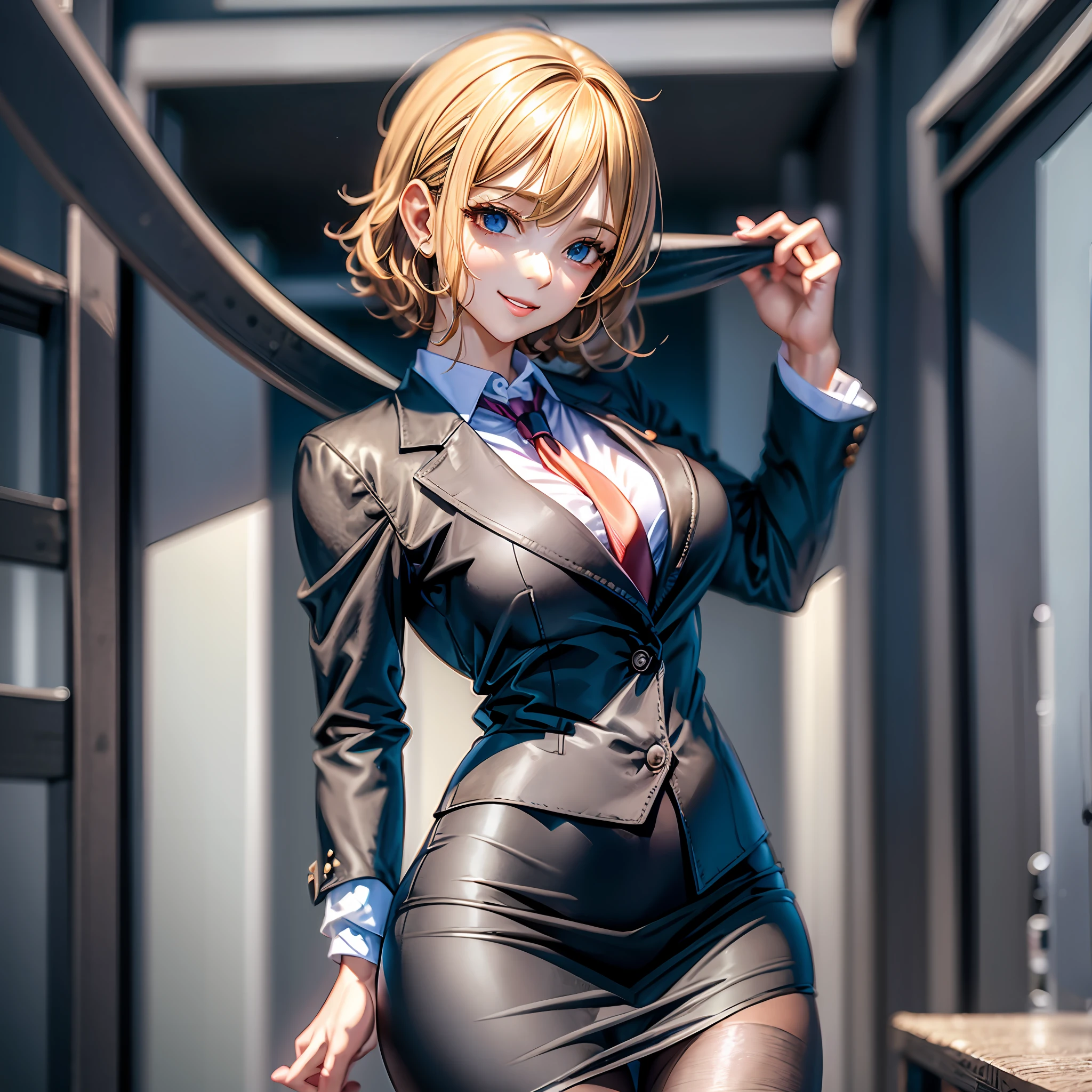 Medicine Melancholy, alternate costume, blonde hair, short hair, curly hair, office lady, Pantyhose, pencil skirt, blazer, Tie, seductive smile, thick eyelashes, wide hips, large breasts,