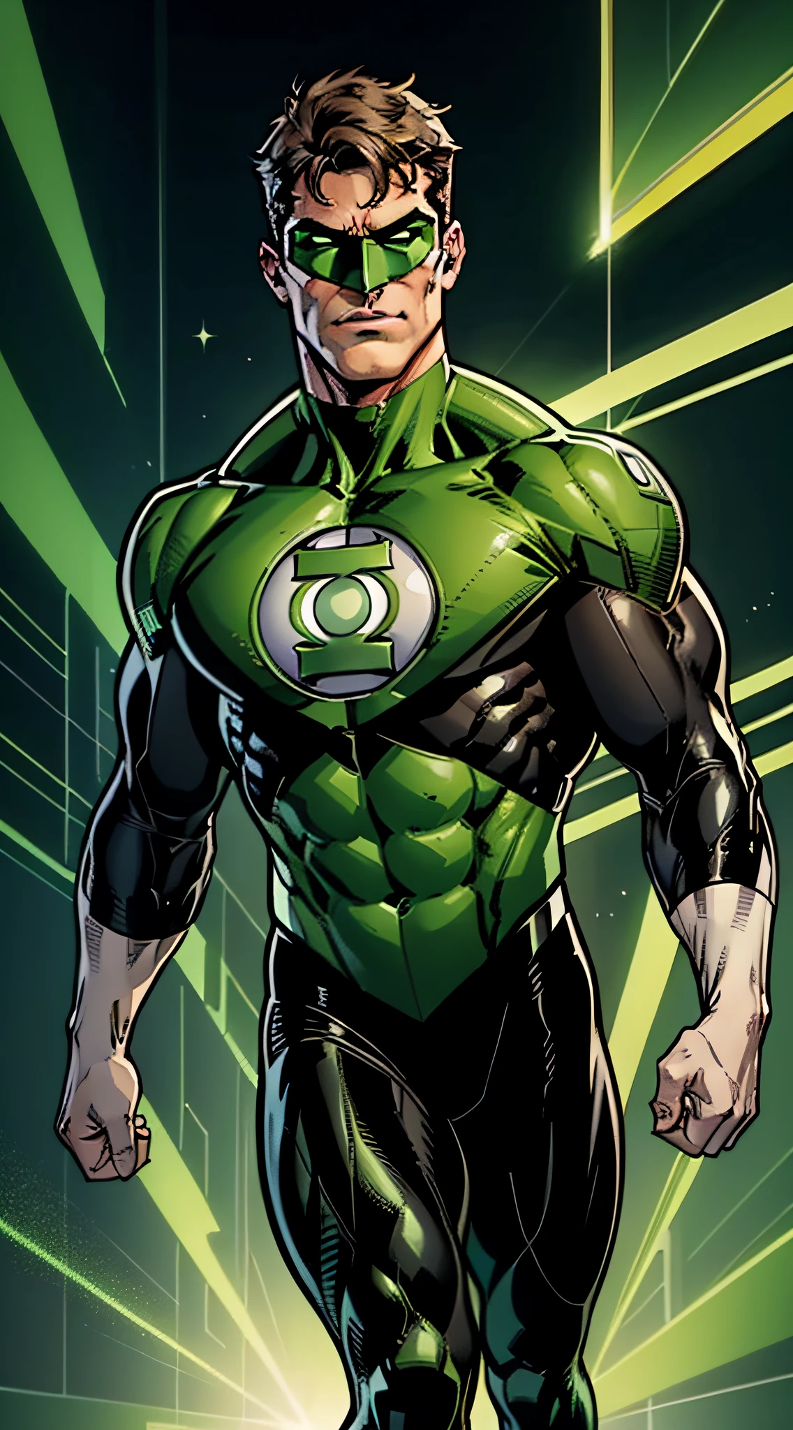 Green Lantern, Hal Jordan, full body shot, face of a 30s, tall, hunk, lean muscle, short hazel hair, neon green and black suit, light neon green lantern logo on the chest, best quality, masterpiece, high resolution, ((green ring)) on his right middle finger, dark green eyes mask, straight face, detailed face, detailed suit