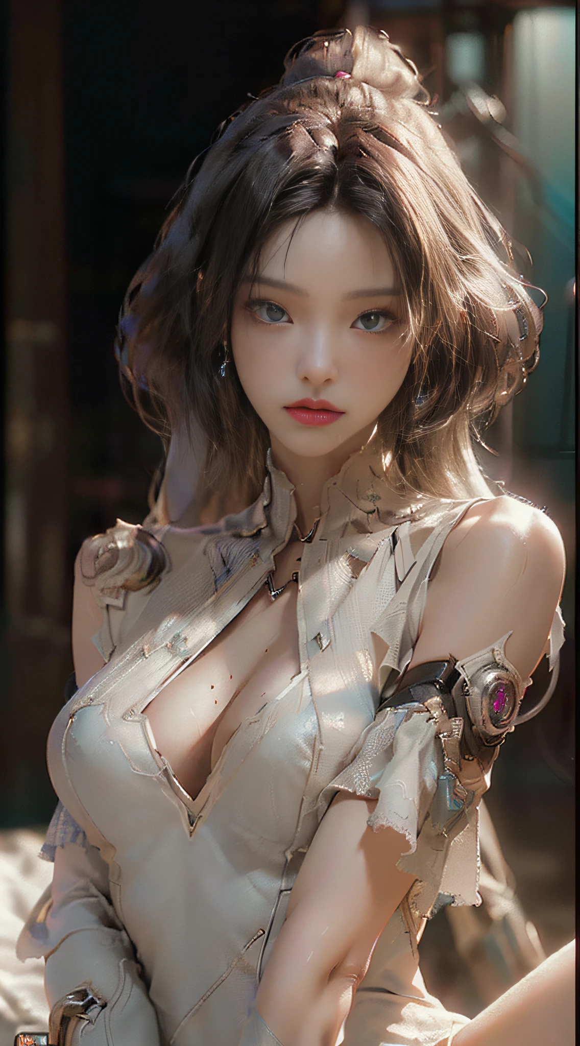 ((Best Quality)), ((Masterpiece), (Details: 1.4), 3D, A Beautiful Cyberpunk Female Figure, Delicate Facial Features, Perfect Face, Huge Breasts, Indoor Environment, Lying in Bed, HDR (High Dynamic Range), Ray Tracing, NVIDIA RTX, Super-Resolution, Unreal 5, Subsurface Scattering, PBR Texture, Post Processing, Anisotropic Filtering, Depth of Field, Maximum Sharpness and Clarity, Multi-layered Texture, Albedo and specular mapping, surface shading, accurate simulation of light-material interactions, perfect proportions, Octane Render, two-color light, large aperture, low ISO, white balance, rule of thirds, 8K RAW,