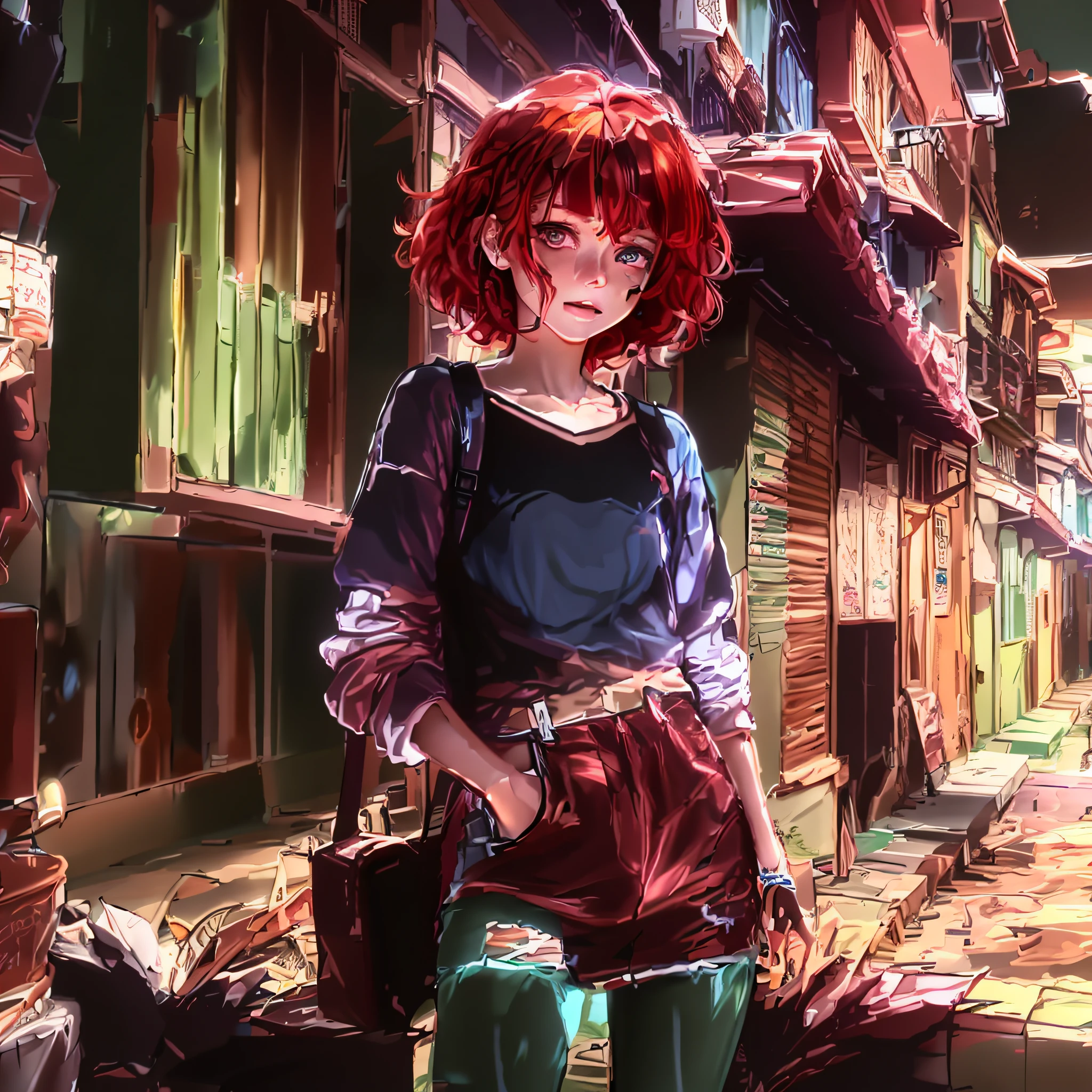 anime trans girl, trans girl, realistic anime, 3d, trans girl, young, teen, girl, short hair, red hair, red hair, messy hair, cool, thin, small breasts, sad look, green eyes, brown skin, brazilian, round nose, long sleeve shirt, blue jeans skirt, modern clothes