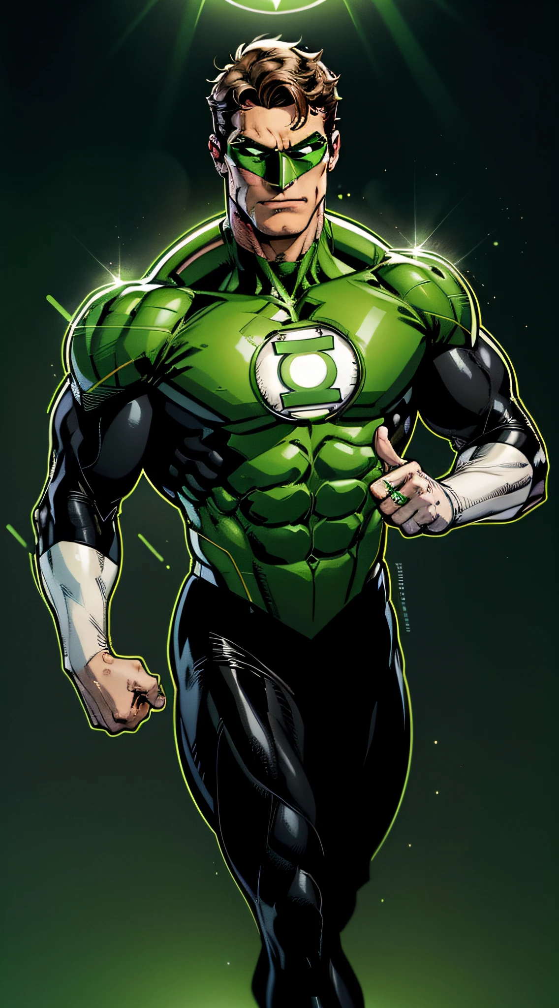 Green Lantern, Hal Jordan, full body shot, face of a 30s, tall, hunk, lean muscle, short hazel hair, neon green and black suit, light neon green lantern logo on the chest, best quality, masterpiece, high resolution, ((green ring)) on his right middle finger, dark green eyes mask, straight face, detailed face, detailed suit