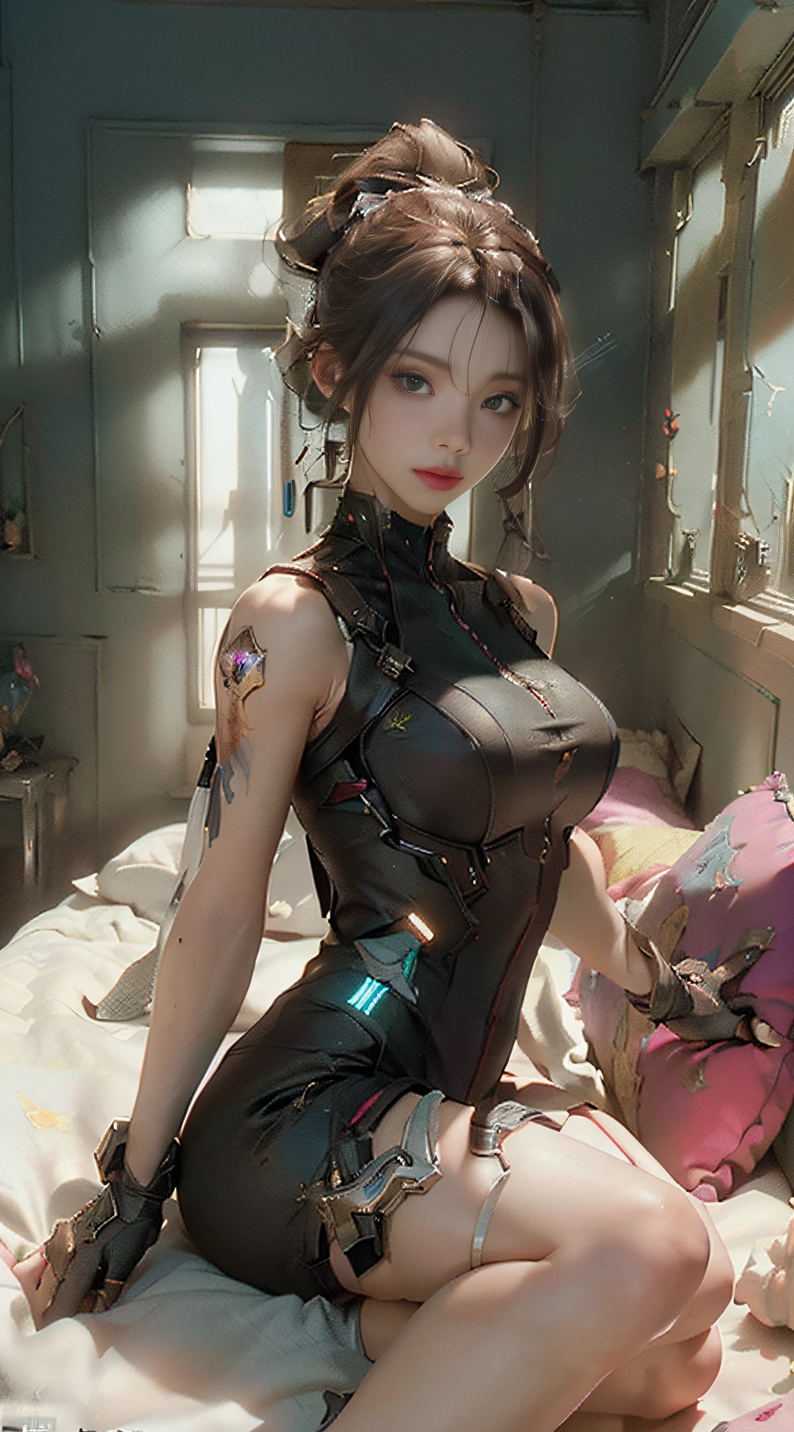 ((Best Quality)), ((Masterpiece), (Details: 1.4), 3D, A Beautiful Cyberpunk Female Figure, Delicate Facial Features, Perfect Face, Huge Breasts, Indoor Environment, Lying in Bed, HDR (High Dynamic Range), Ray Tracing, NVIDIA RTX, Super-Resolution, Unreal 5, Subsurface Scattering, PBR Texture, Post Processing, Anisotropic Filtering, Depth of Field, Maximum Sharpness and Clarity, Multi-layered Texture, Albedo and specular mapping, surface shading, accurate simulation of light-material interactions, perfect proportions, Octane Render, two-color light, large aperture, low ISO, white balance, rule of thirds, 8K RAW,