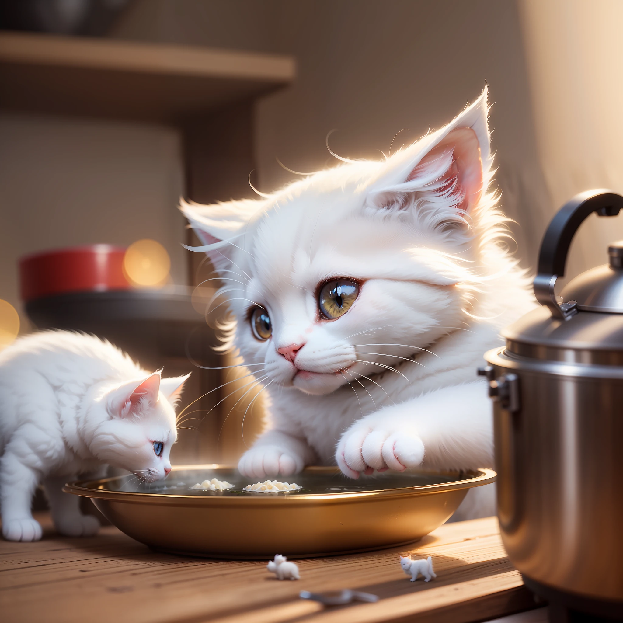 Very cute fluffy white kitten, eating hot pot, professional light, depth of field 8k, golden magic moment, professional photography, octane rendering, super realistic - amazing sunlight, dynamic composition, photography, sharp focus, bokeh --auto --s2