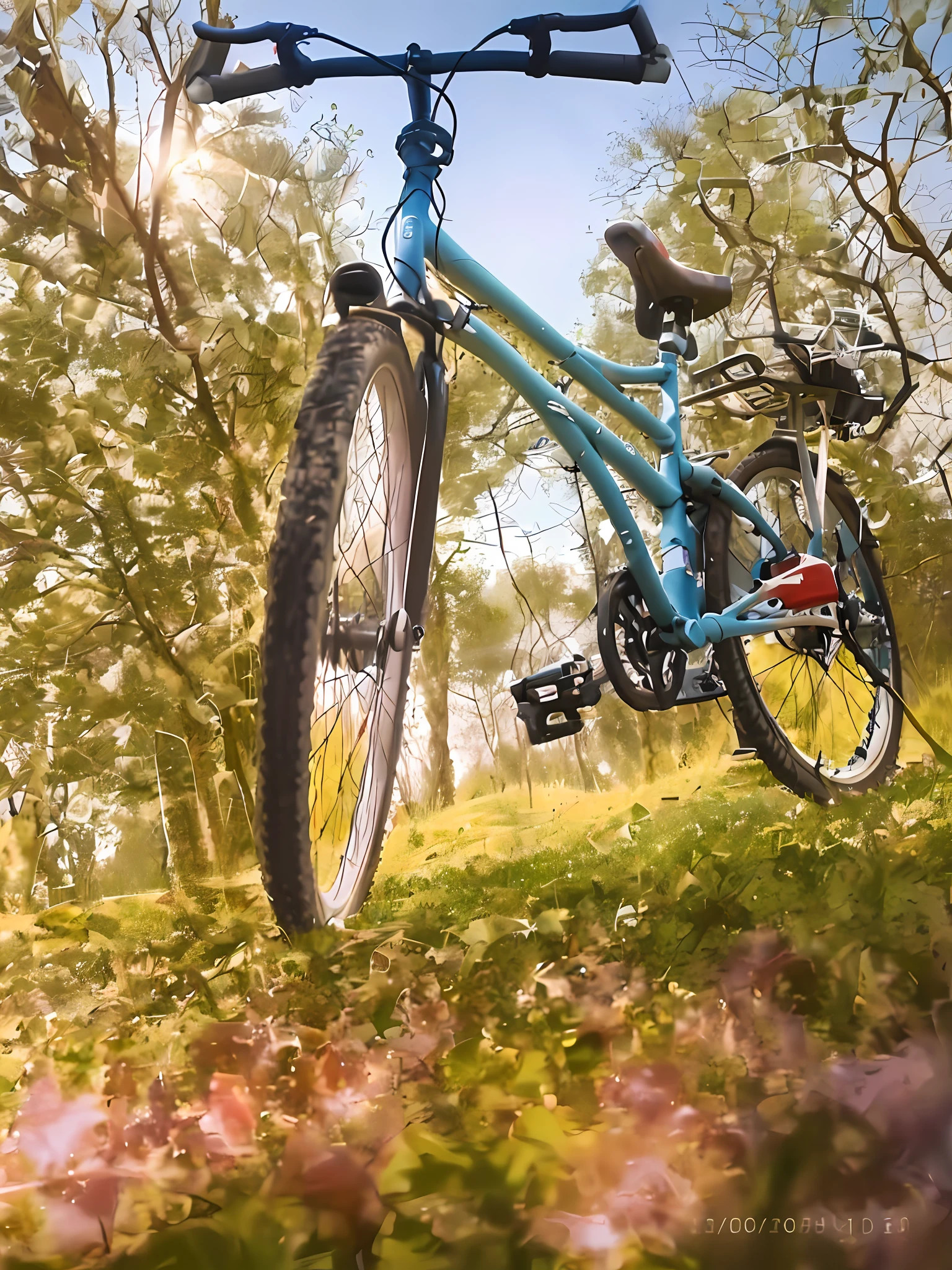 there is a bicycle that is parked in the grass, cycling!!, long shot view, bicycle, against the backdrop of trees, extreme low angle shot, eye level view, !! low contrast!!, extreme low angle long shot, eye - level view, shot with premium dslr camera, view from bottom to top, ground view shot, amidst of nature fully covered