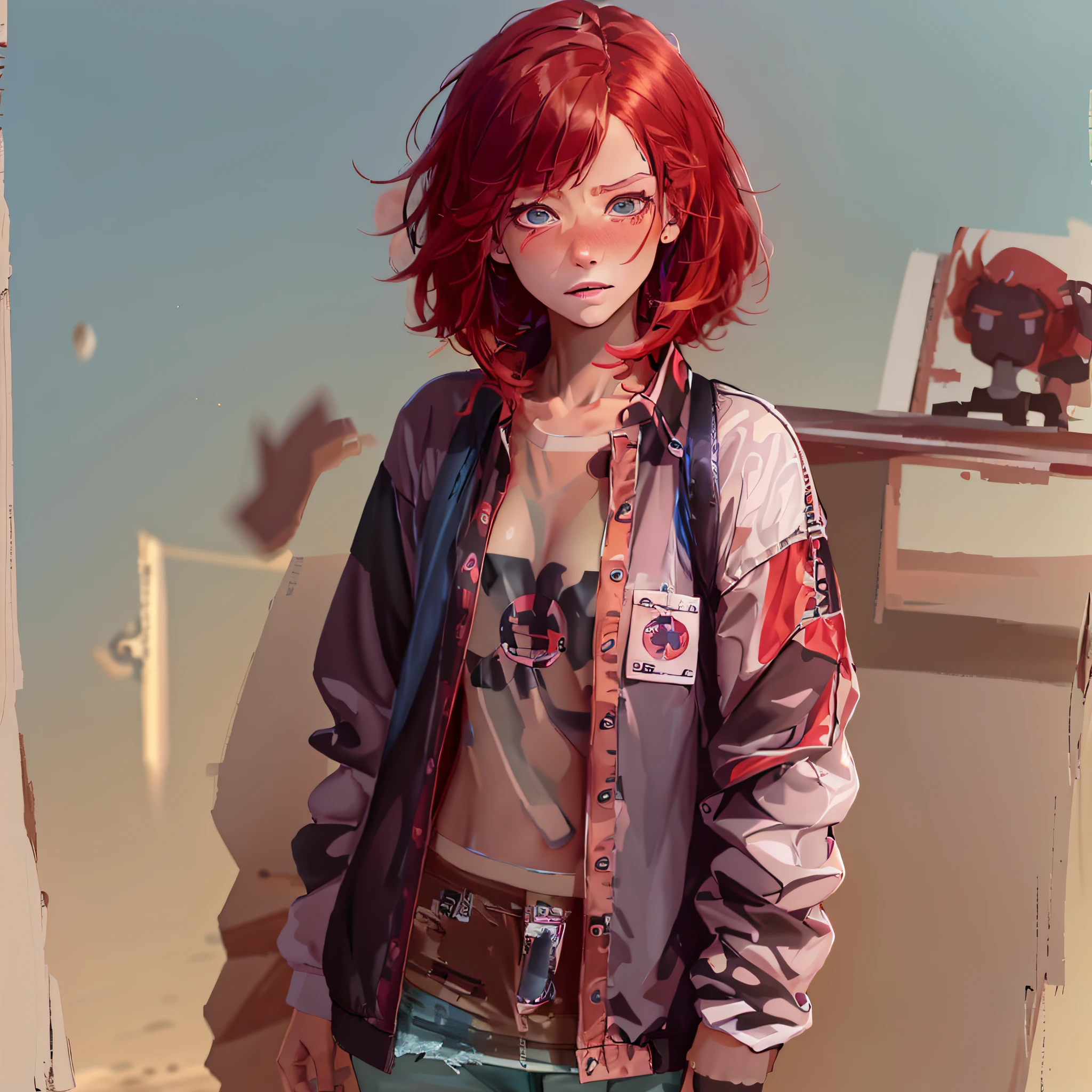 anime trans girl, trans girl, realistic anime, 3d, trans girl, young, , girl, short hair, red hair, red hair, messy hair, cool, thin, small breasts, sad look, green eyes, brown skin, brazilian, round nose, long sleeve shirt, blue jeans skirt, modern clothes