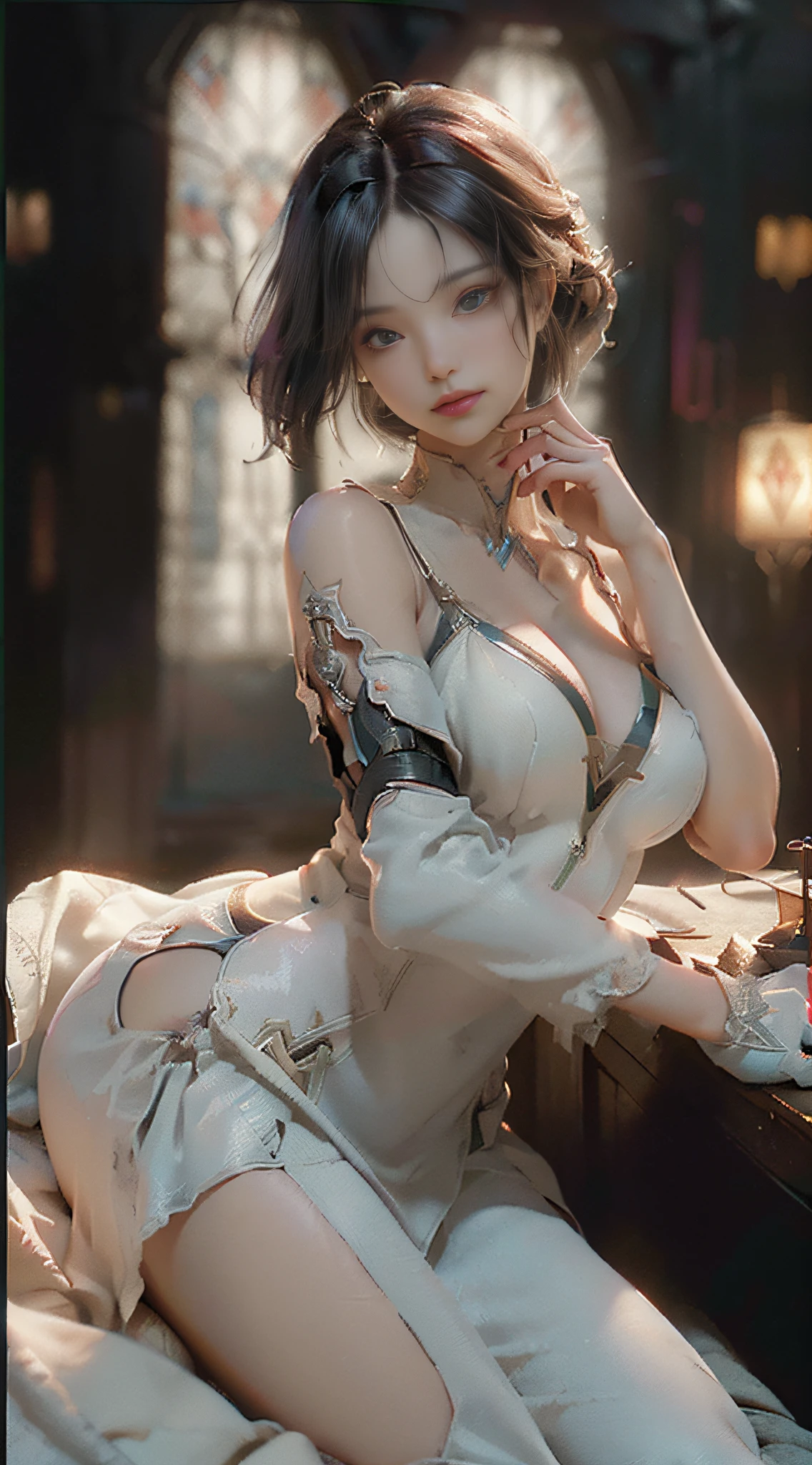 ((Best Quality)), ((Masterpiece), (Details: 1.4), 3D, A Beautiful Cyberpunk Female Figure, Delicate Facial Features, Perfect Face, Huge Breasts, Indoor Environment, Lying in Bed, HDR (High Dynamic Range), Ray Tracing, NVIDIA RTX, Super-Resolution, Unreal 5, Subsurface Scattering, PBR Texture, Post Processing, Anisotropic Filtering, Depth of Field, Maximum Sharpness and Clarity, Multi-layered Texture, Albedo and specular mapping, surface shading, accurate simulation of light-material interactions, perfect proportions, Octane Render, two-color light, large aperture, low ISO, white balance, rule of thirds, 8K RAW,