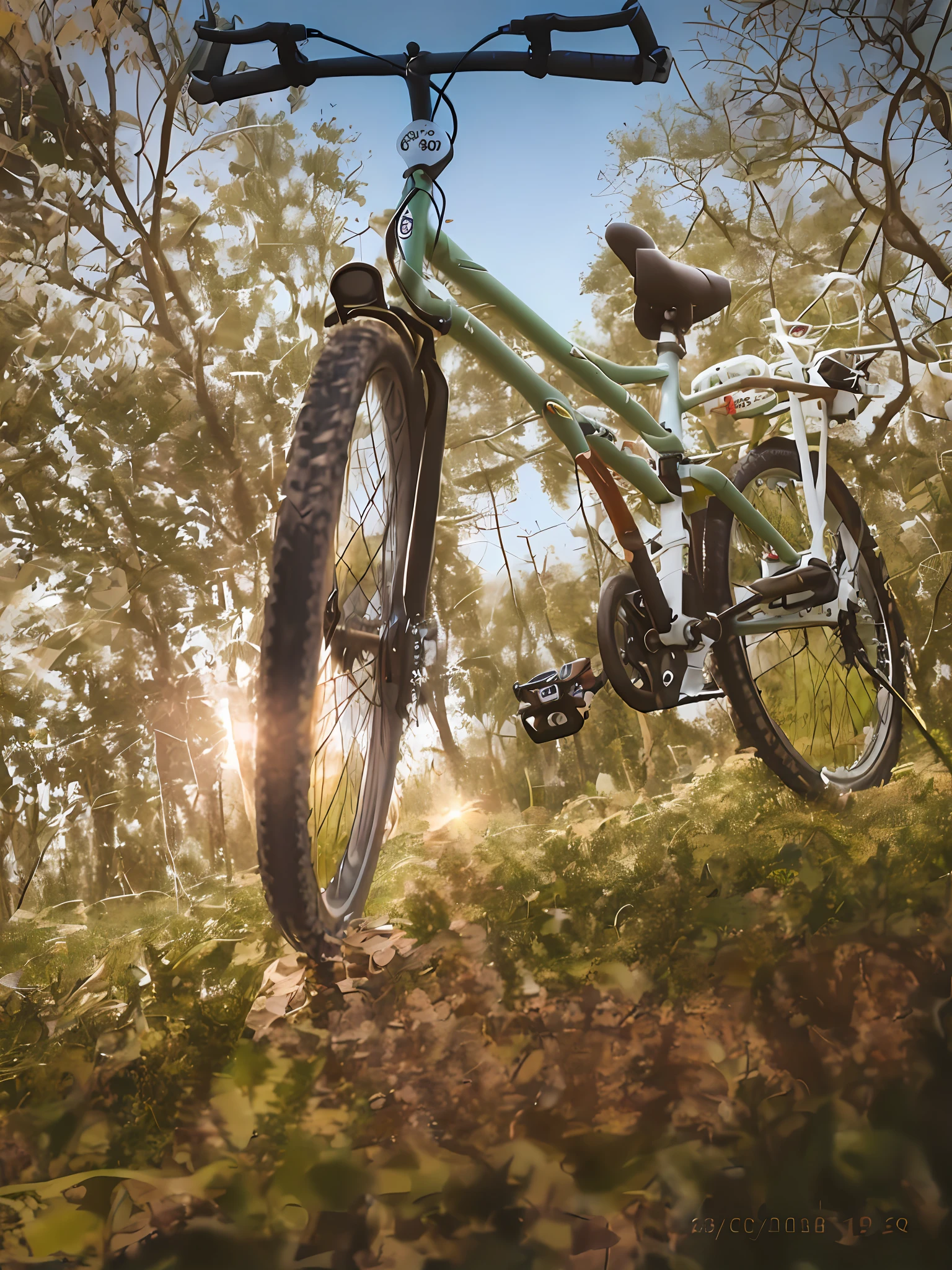 there is a bicycle that is parked in the grass, cycling!!, long shot view, bicycle, against the backdrop of trees, extreme low angle shot, eye level view, !! low contrast!!, extreme low angle long shot, eye - level view, shot with premium dslr camera, view from bottom to top, ground view shot, amidst of nature fully covered