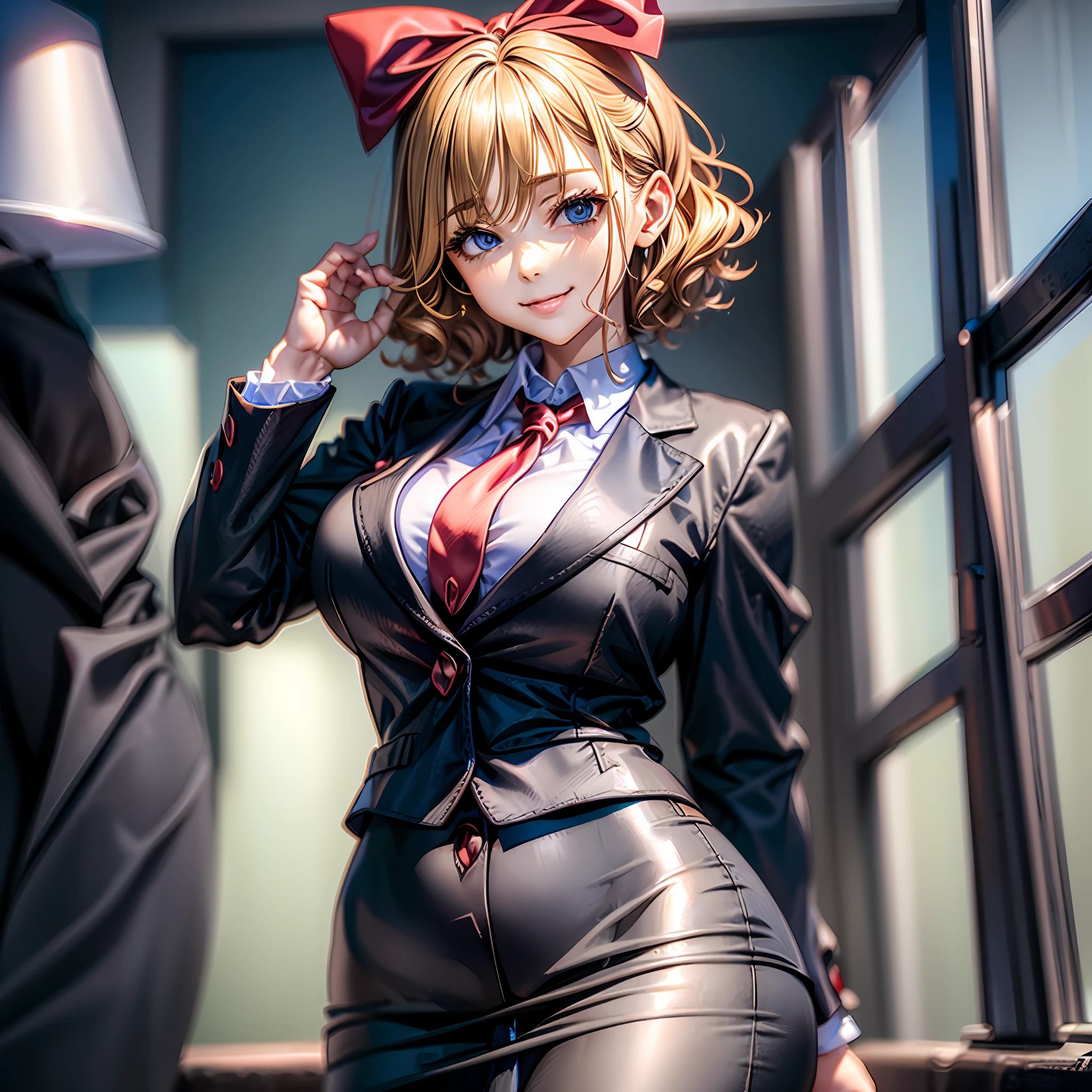 Medicine Melancholy, alternate costume, blonde hair, short hair, curly hair, office lady, Pantyhose, pencil skirt, blazer, Tie, seductive smile, thick eyelashes, wide hips, large breasts, ((office room)), looking at viewer, silver-blue eyes, red bow, head bow, 1girl,